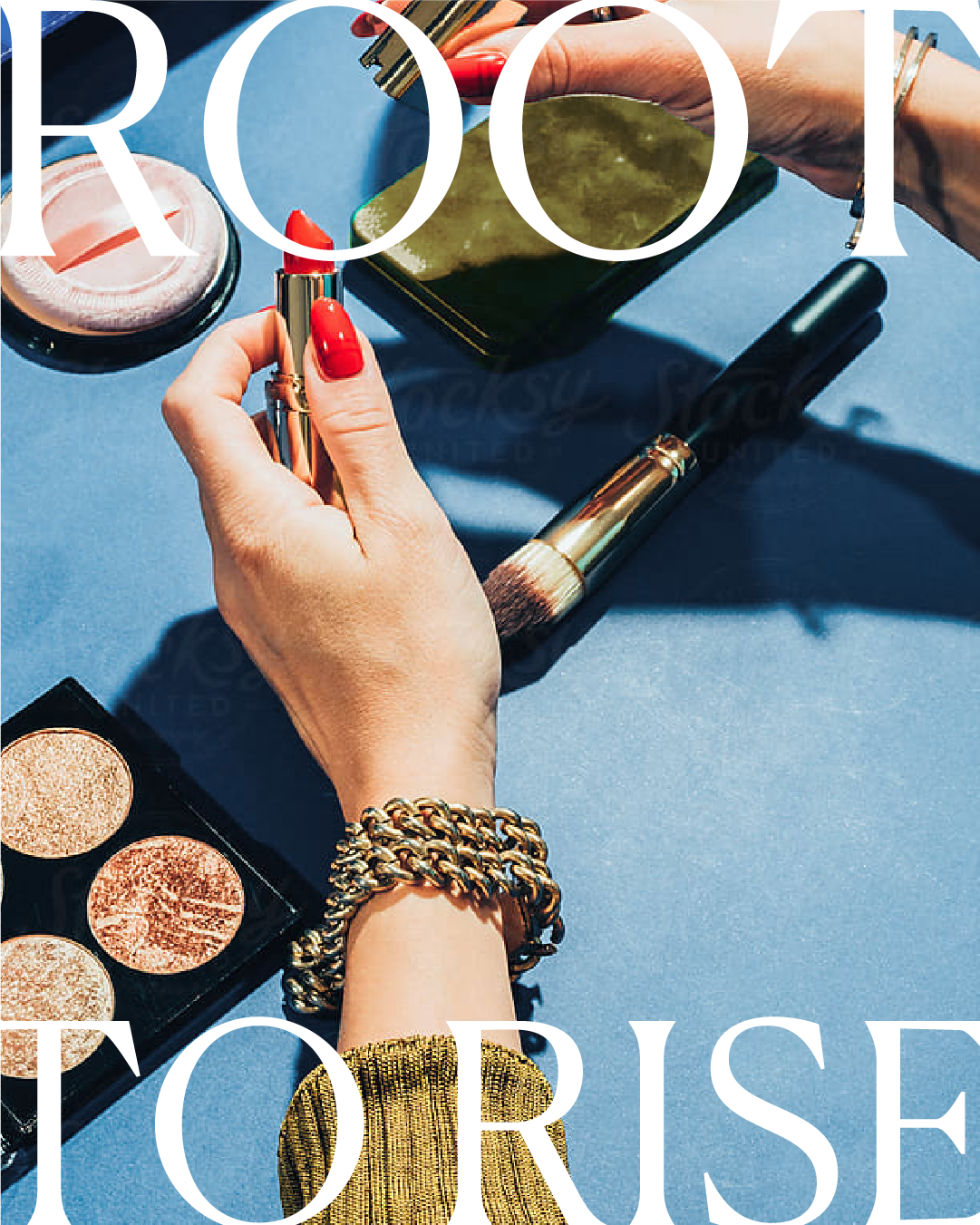 Close-up of hands applying makeup, including lipstick and foundation, on a blue surface with makeup brushes and a mirror nearby.