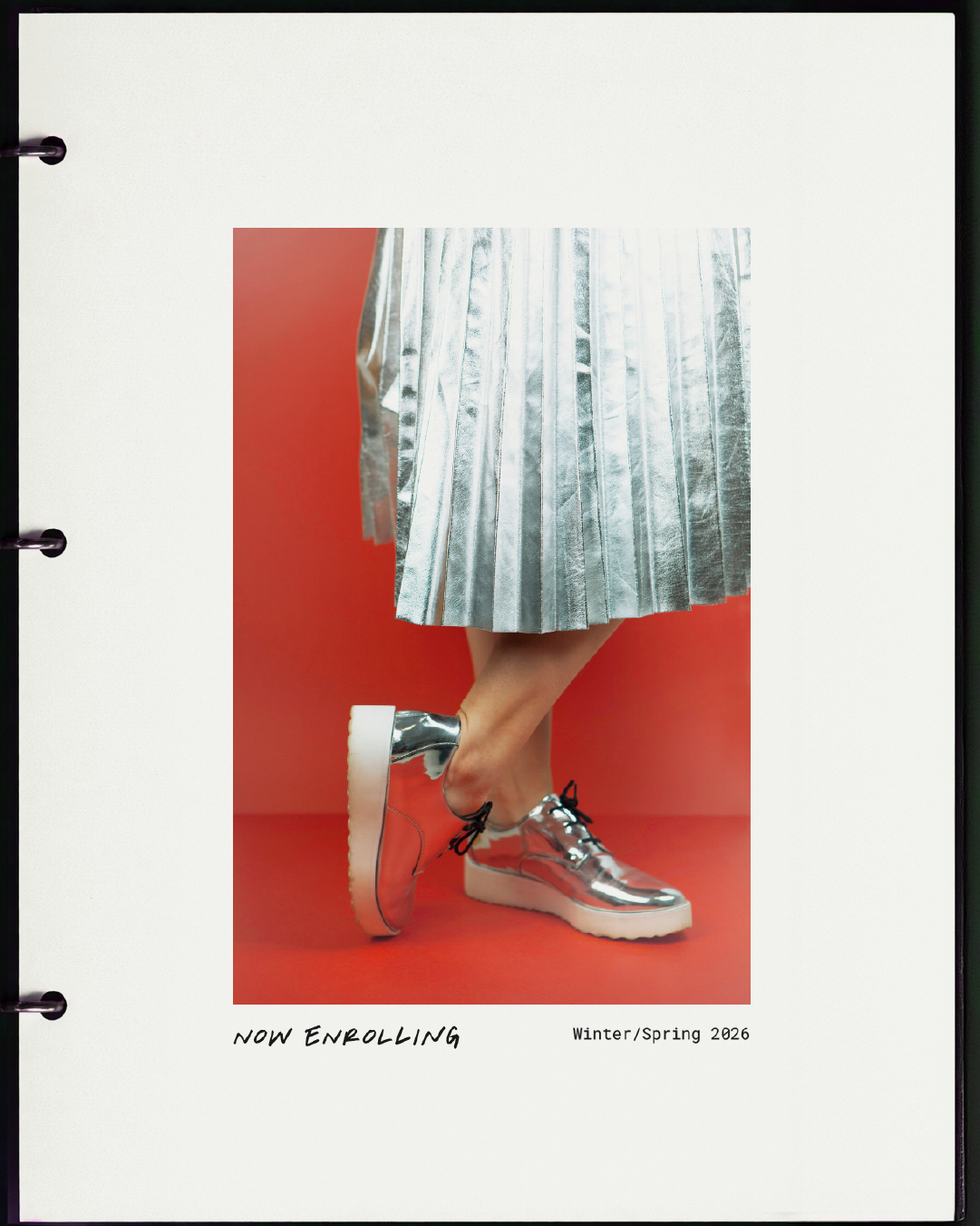 Fashion catalog page showing a model wearing metallic silver sneakers and a pleated silver skirt, with red background and text indicating 'Now Enrolling' for Winter/Spring 2026.