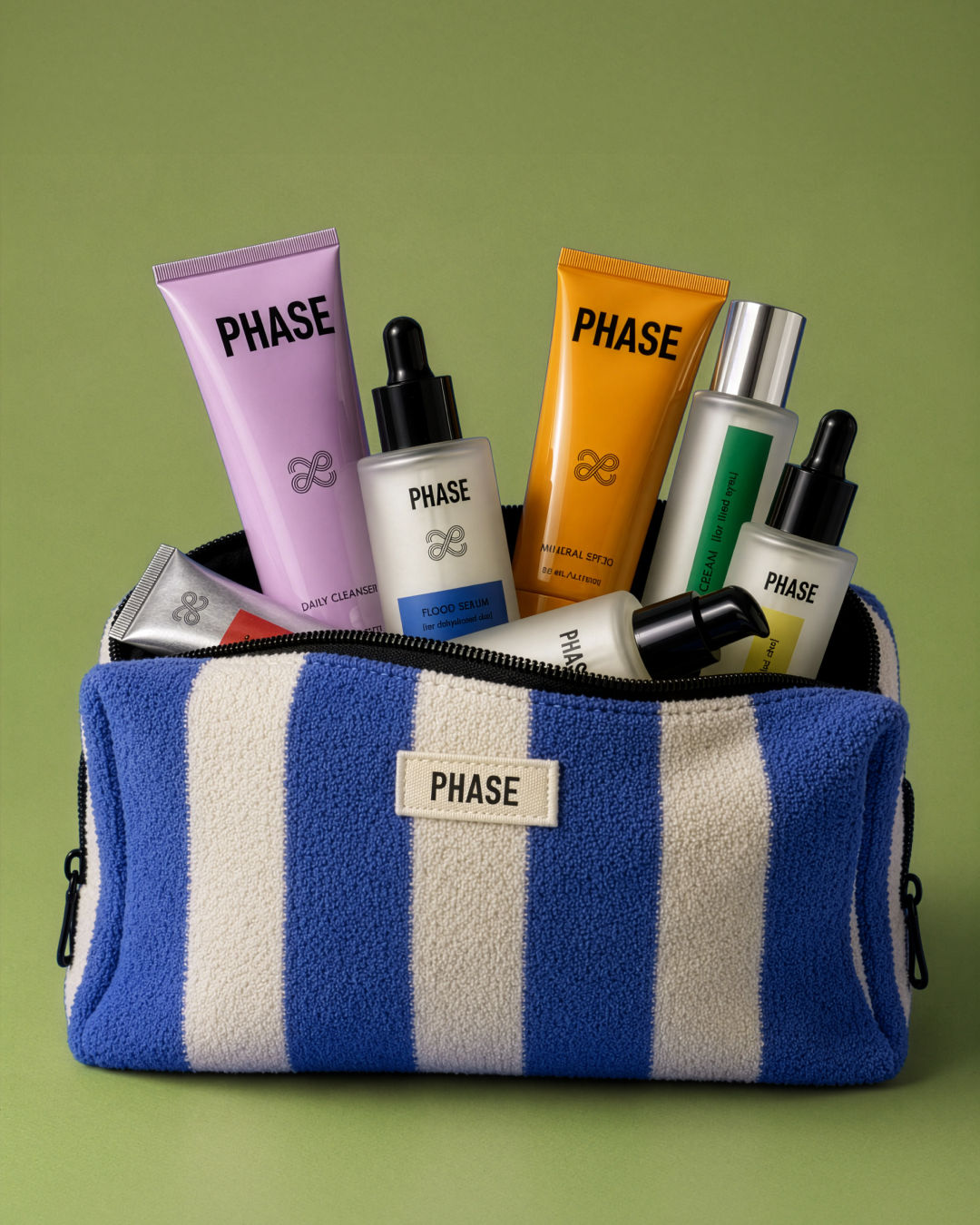 A striped blue and white zippered pouch containing various skincare products labeled 'PHASE', with a green background.