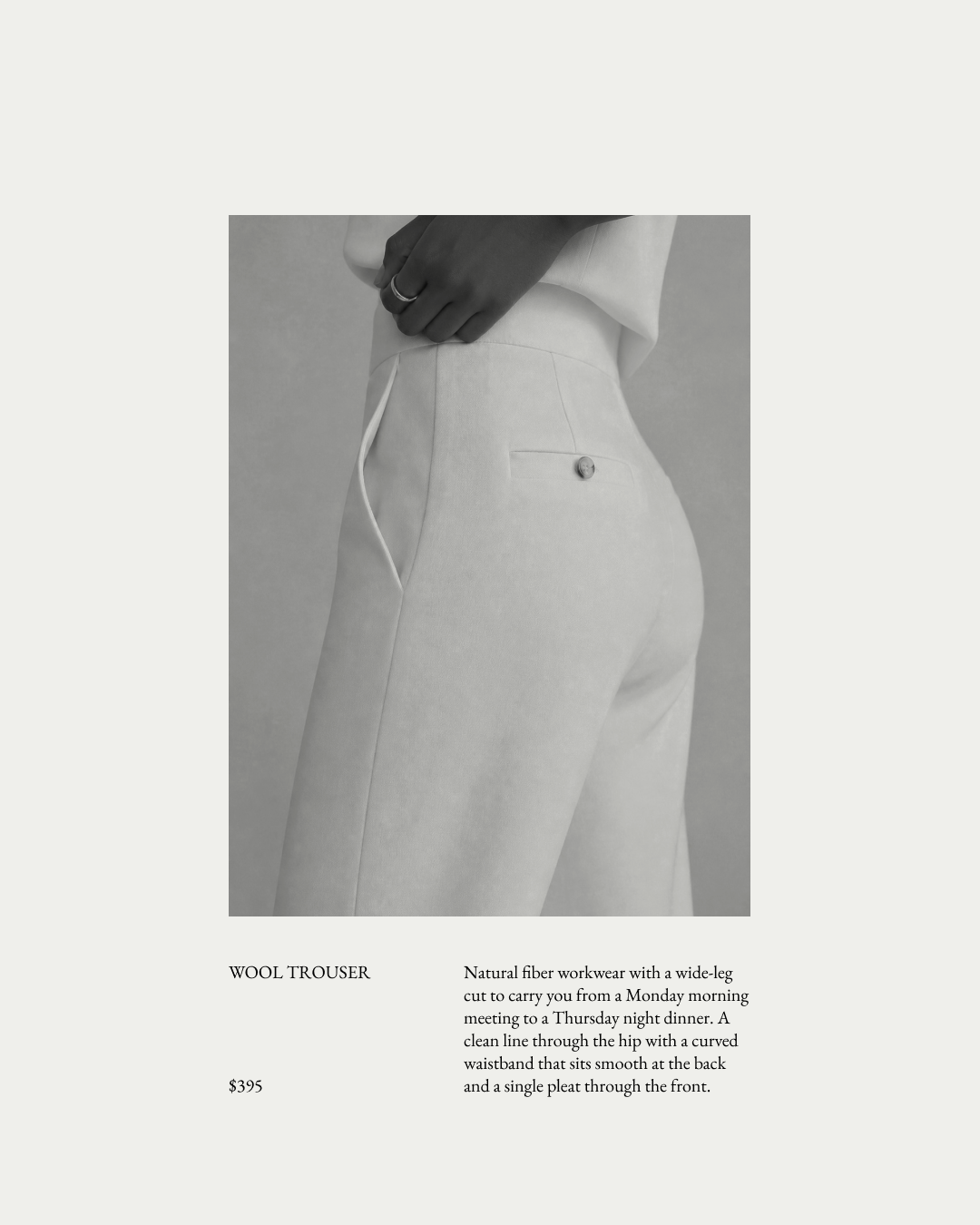 Off-white branded graphic with an image of a woman wearing light-colored wool trousers, standing against a neutral background and a description of the trousers below.