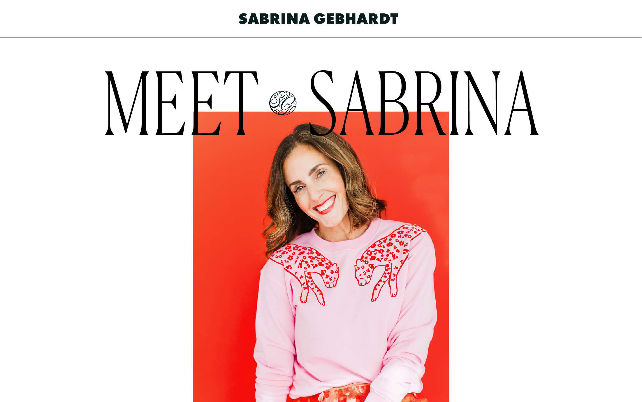 A screenshot of a coaching website design with a woman wearing a pink sweater with leopard print, standing against a bright red background. The text 'Meet Sabrina' is overlaid, with her name 'Sabrina Gebhardt' at the top.