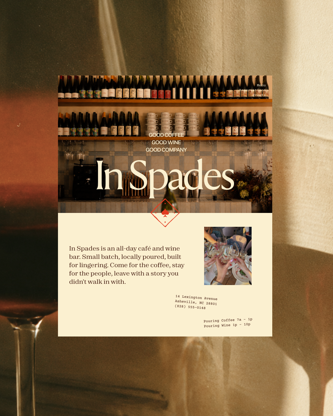 In Spades, a café and wine bar website design, containing the text: 'In Spades', 'Good Coffee, Good Wine, Good Company', and additional details about the restaurant