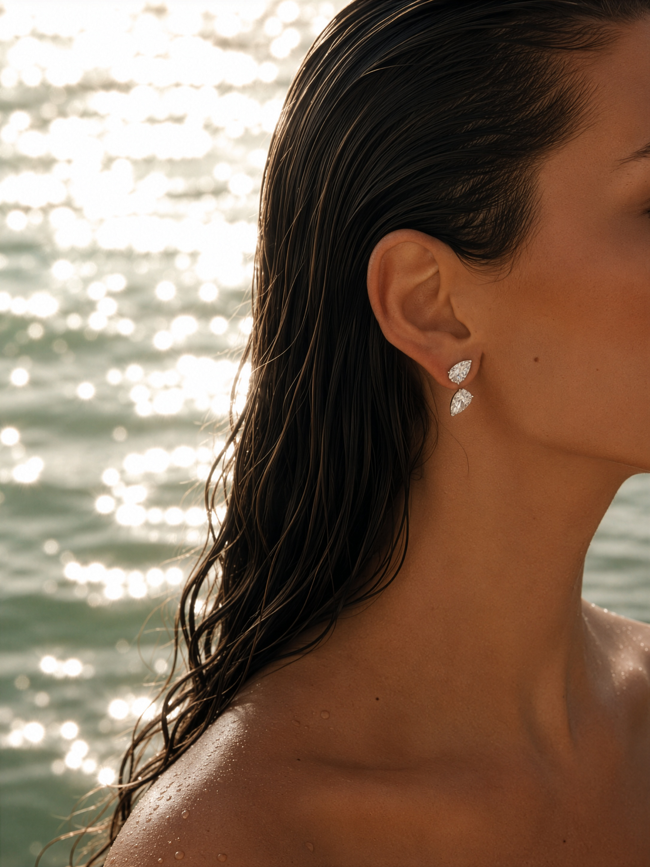 Close-up of a woman's wet hair, ear with pear-shaped diamond earrings, and shoulder with water droplets, with sunlight reflecting on water in the background.
