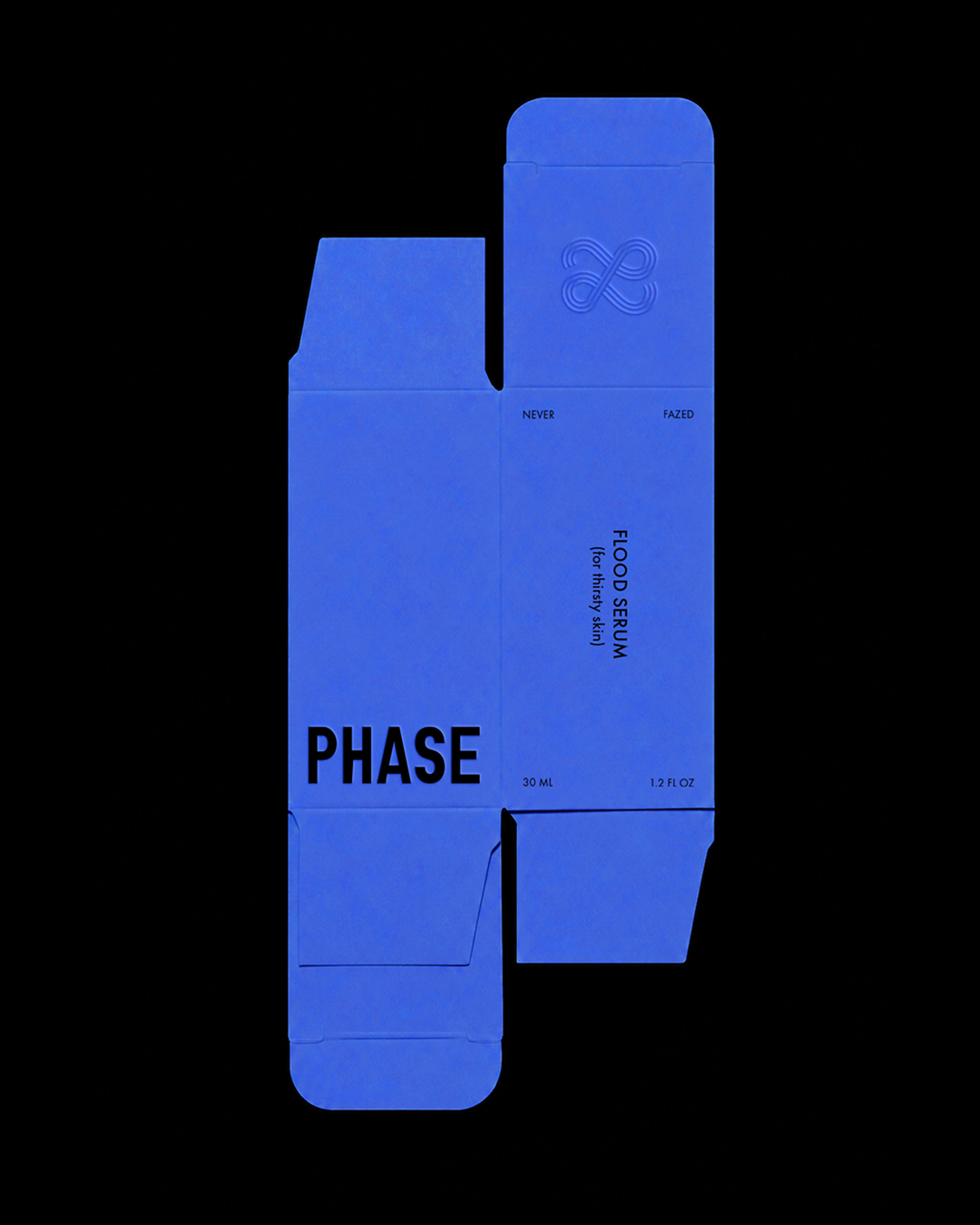 Design of blue skincare product packaging for flood serum by Phase, with text 'NEVER FAZED' and 'for thirsty skin',  on a black background.