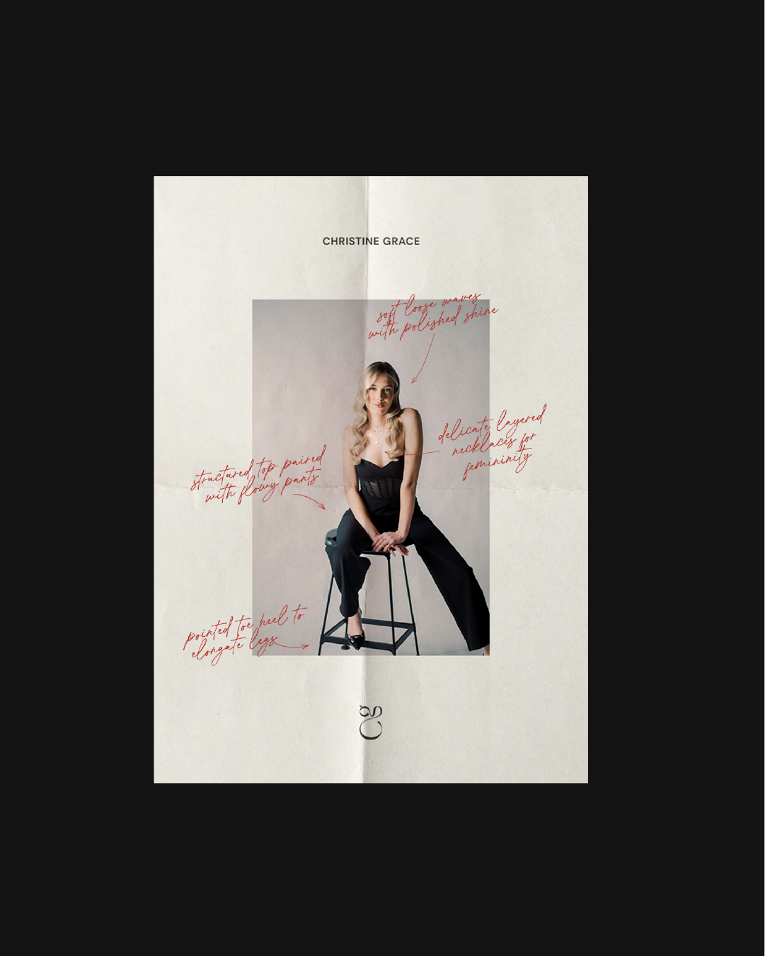 A fashion graphic page featuring a woman with blonde hair sitting on a stool, wearing black pants and a black top, with handwritten notes highlighting her hairstyle, jewelry, and pose.