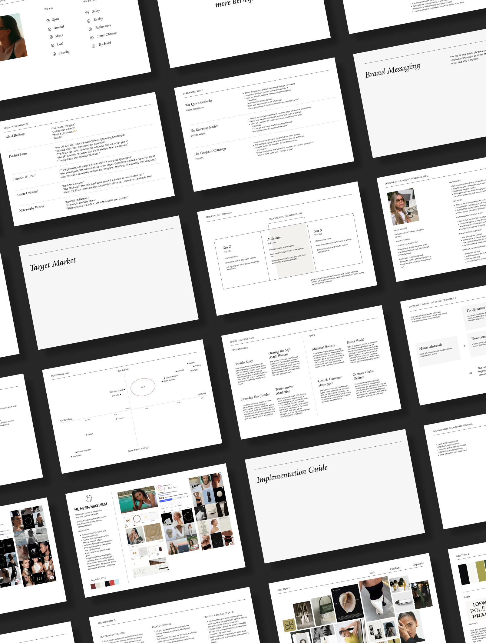 A layout of a brand strategy deck by Gatherie Creative featuring tagline, positioning, competitor research, messaging, creative direction, and audience research.