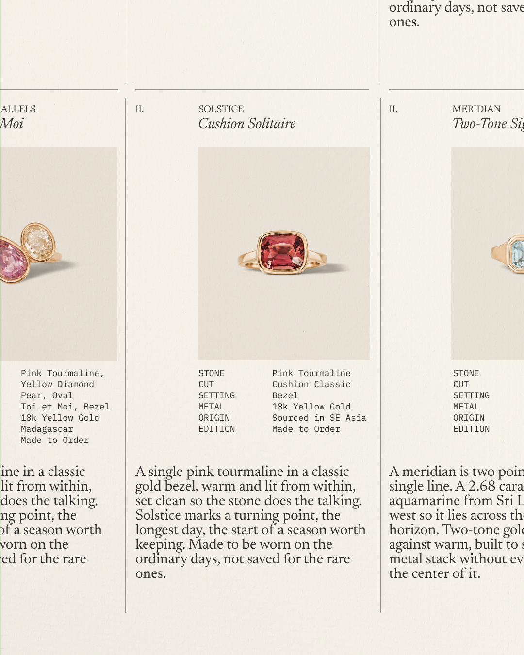 Cropped image of a cream-colored product sheet inspired by field notes with information about each ring below