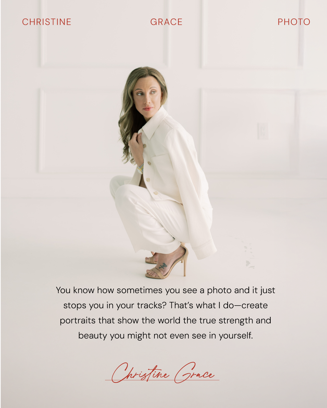 A woman with long, wavy hair dressed in an all-white outfit, squatting on the floor in a minimalistic, light-colored room with white paneled walls. She is wearing high-heeled sandals and looking to her left. There is a quote and signature at the bottom of the image.
