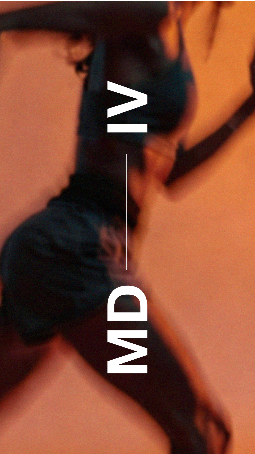 Close-up silhouette of a woman in workout attire running in orange lighting with the text MD IV logo overlayed vertically.