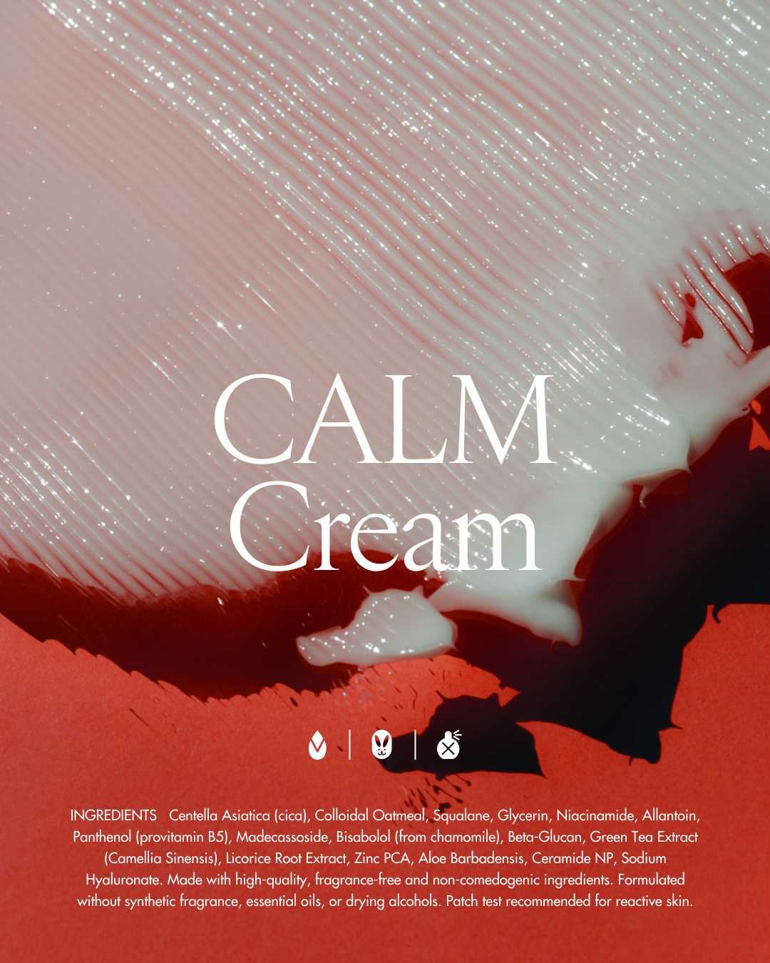 A skincare product named CALM Cream with a close-up of a textured cream surface and ingredients listed below.