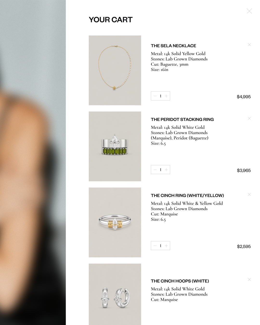 Online jewelry shopping cart design with four items: a yellow gold necklace, a peridot and diamond stacking ring, a two-tone diamond ring, and white gold hoop earrings, each with descriptions and prices.