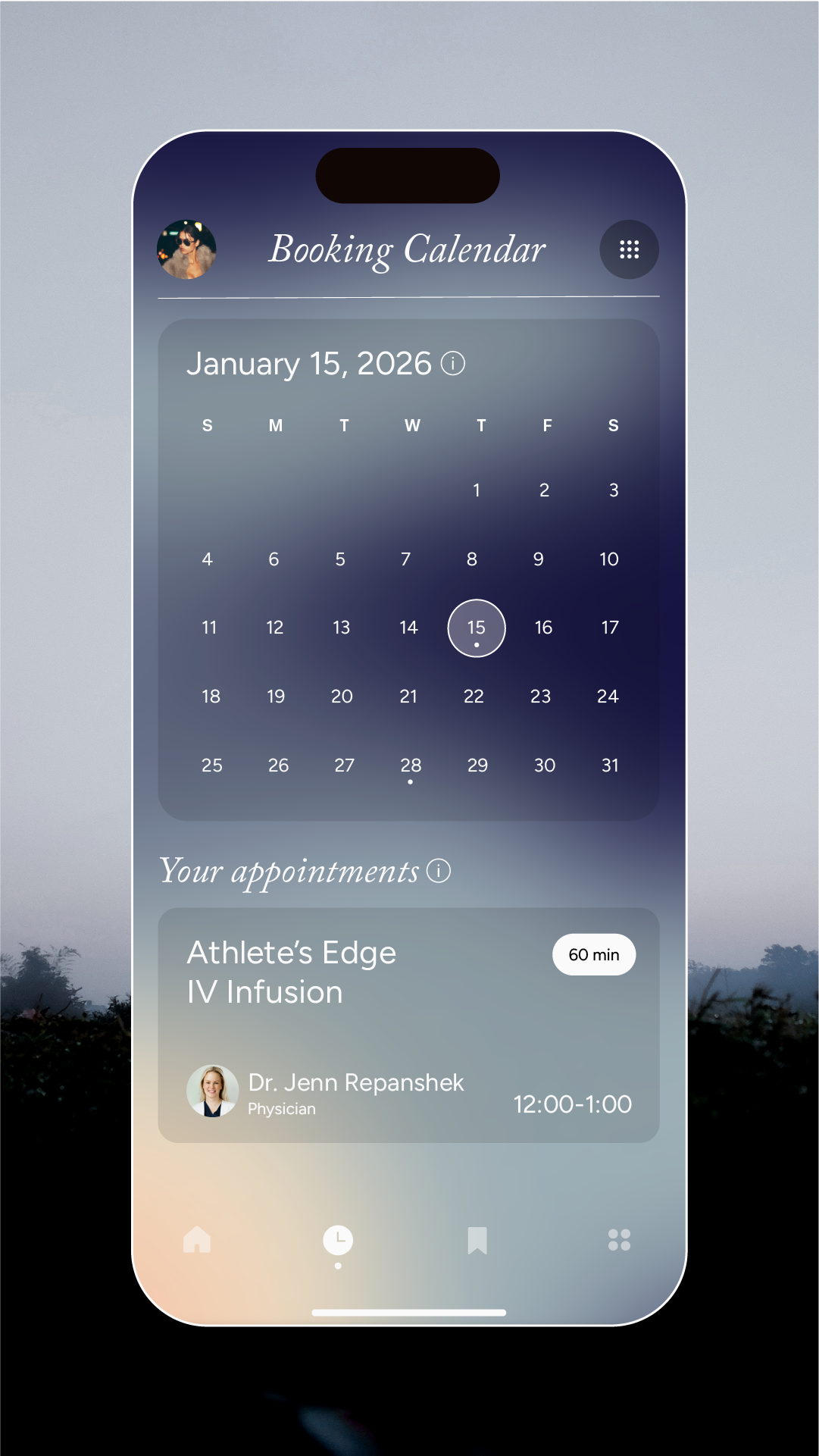 Branded online scheduling screen for MD IV with gradient background and white calendar and scheduling overlay.