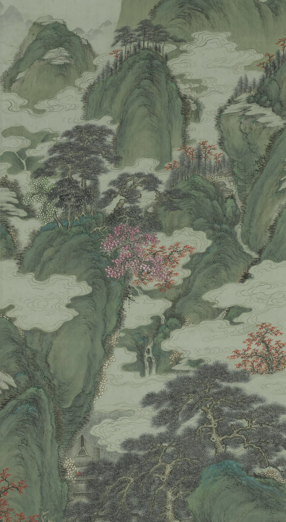 Traditional Chinese landscape painting depicting green mountains, winding rivers, pine trees, and small houses among the trees.