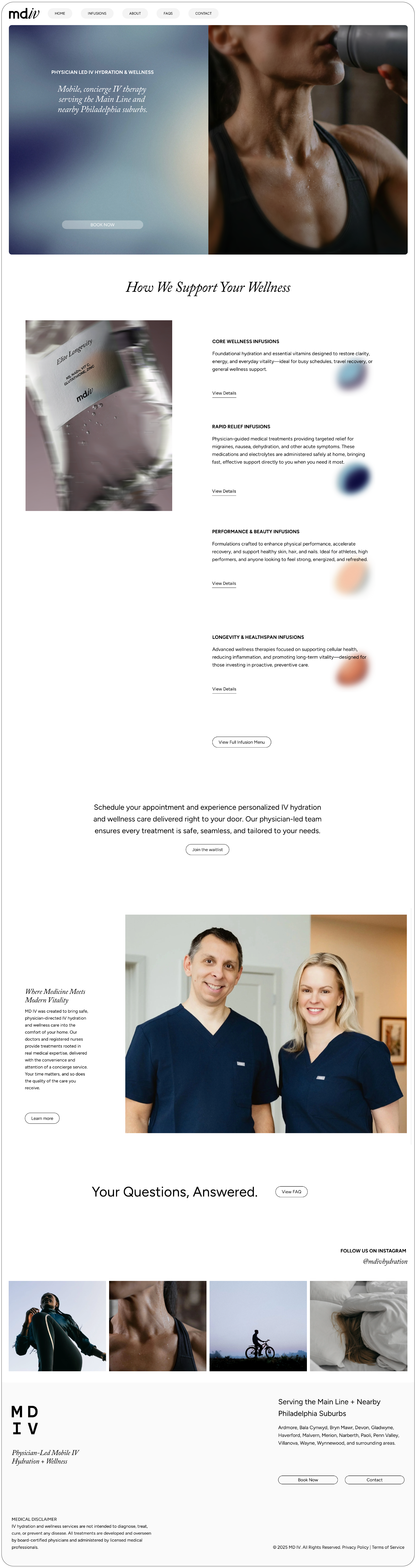 Website design for a wellness brand specializing in IV hydration and wellness, featuring images of a woman drinking from a water bottle, a healthcare professional, and various wellness activities.