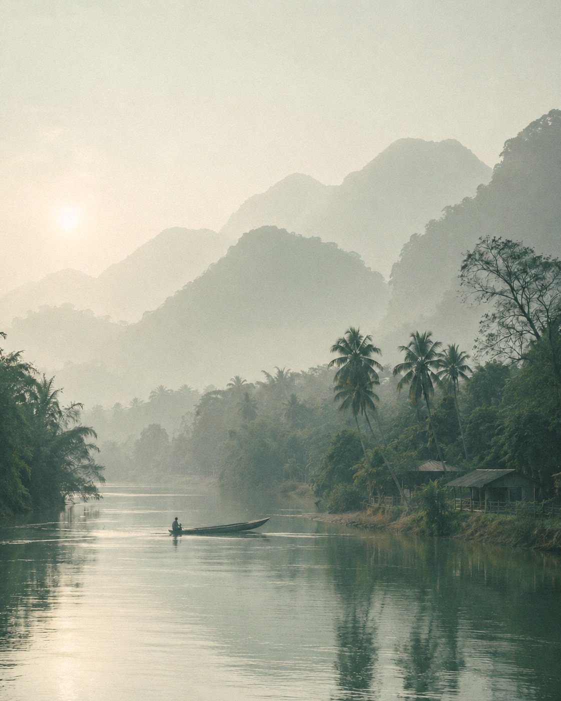 Boat on a calm river in Thailand surrounded by lush green trees, with misty mountains in the background and a hazy sun illuminating the scene
