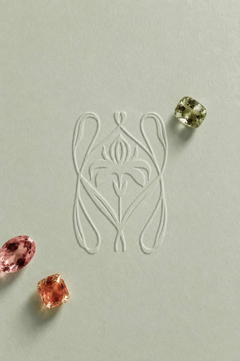 A light green piece of paper with an embossed H brand mark and colored gemstones scattered around.