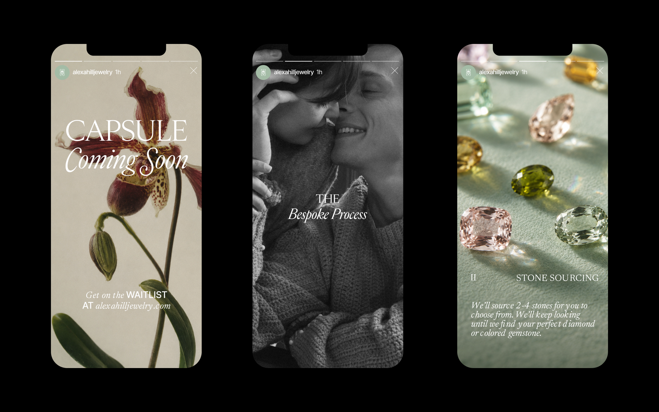 Three social media story slide. The first slide shows a close-up of a flower with text 'CAPSULE Coming Soon' and a note to get on the waitlist. The second slide features a black-and-white photo of a couple touching foreheads with the text 'THE Bespoke Process.' The third slide displays various gemstones with text about sourcing stones.
