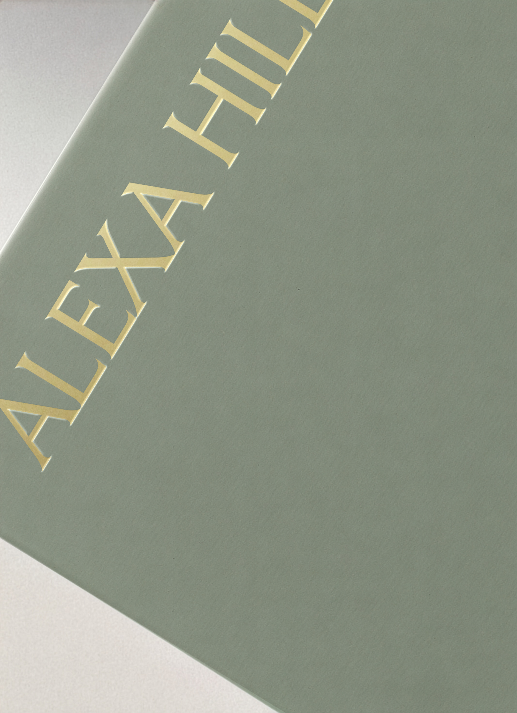 Close-up of a pale green packaging with gold foil embossed logo for Alexa Hill Fine Jewelry