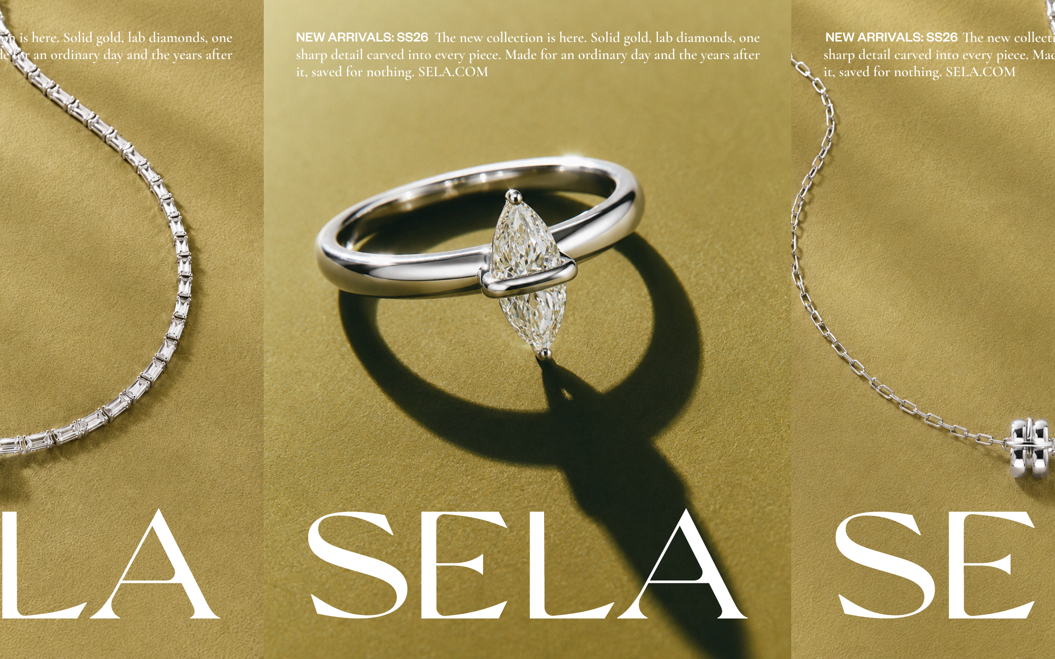 Close-up of jewelry including a diamond ring with a marquise-cut diamond, a diamond necklace, and a diamond bracelet, set against a chartreuse background with text about new arrivals at SELA.