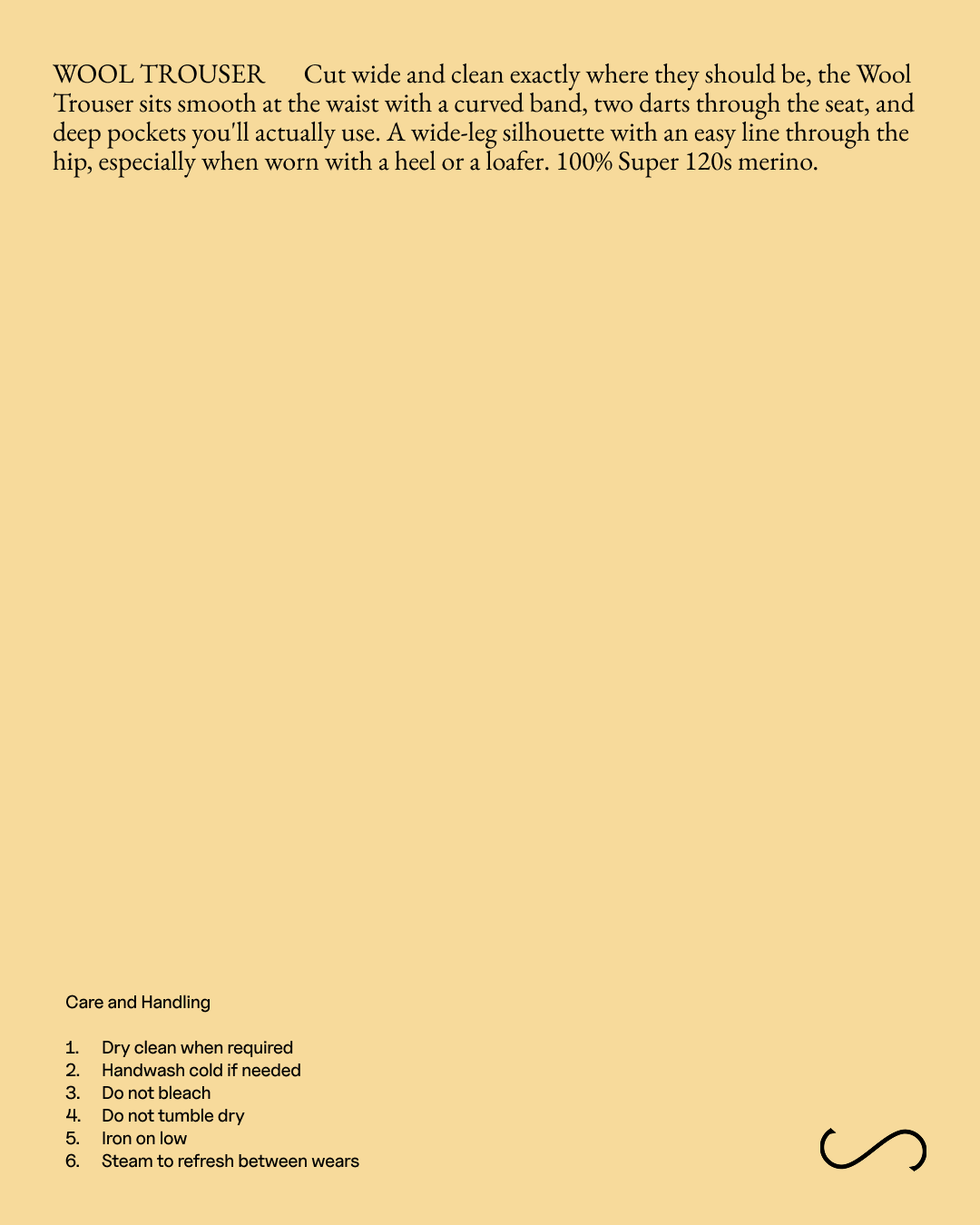 Branded instruction graphic for caring for wool trousers, including cutting, fitting, and care guidelines, with a decorative letter S brand mark at the bottom.
