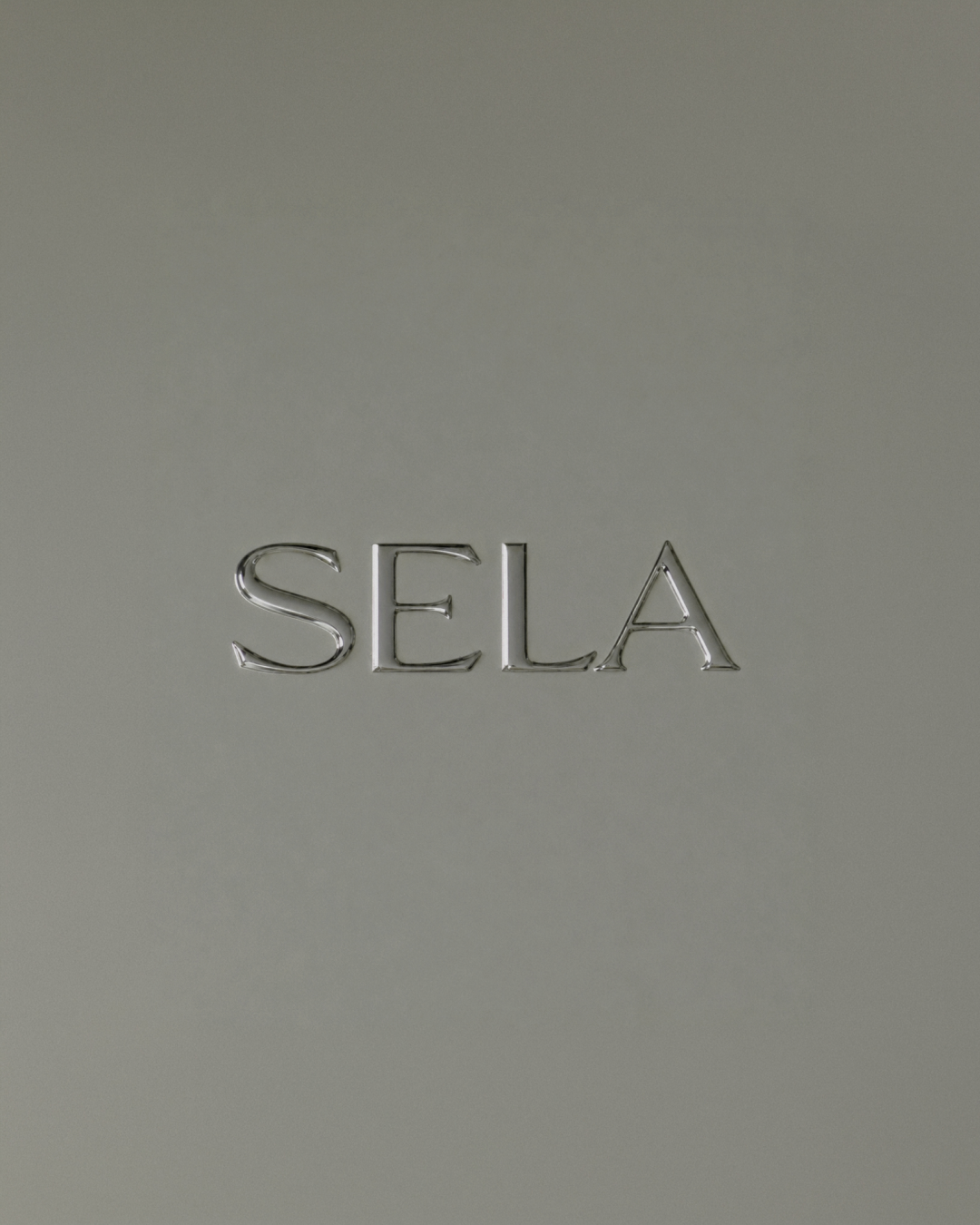 A close up of a silver metallic surface with the 'SELA' logo embossed in shiny metallic letters in the center.