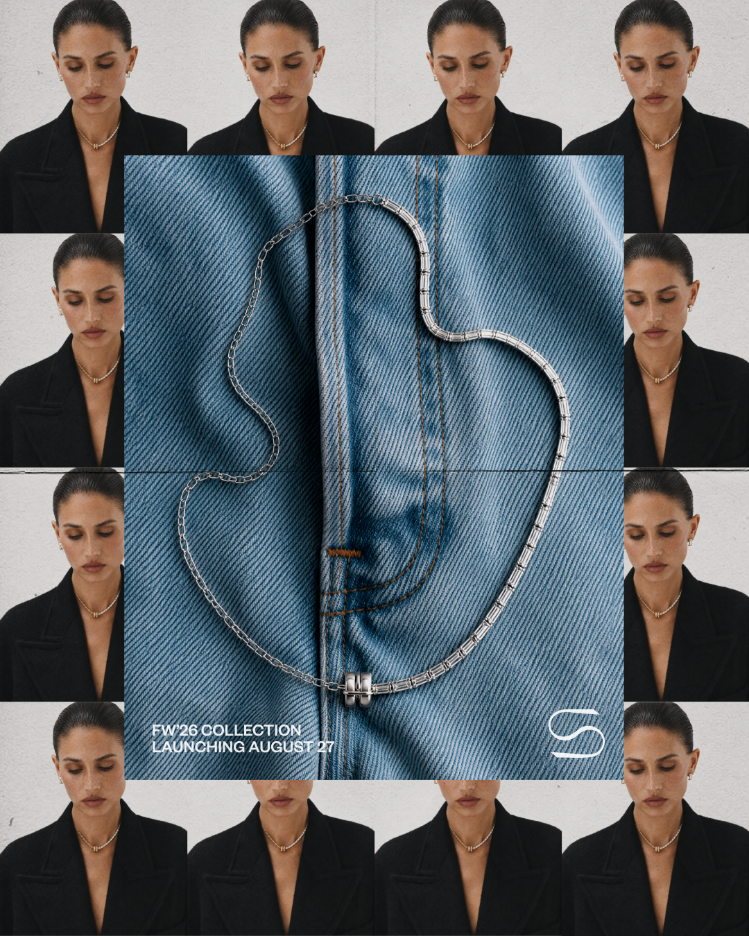Multiple images of a woman with dark hair in a bun, wearing a black blazer and a necklace, arranged in a grid pattern. A central image features a close-up of a silver necklace, laid on blue denim fabric. Text indicates a fashion collection launching on August 27.