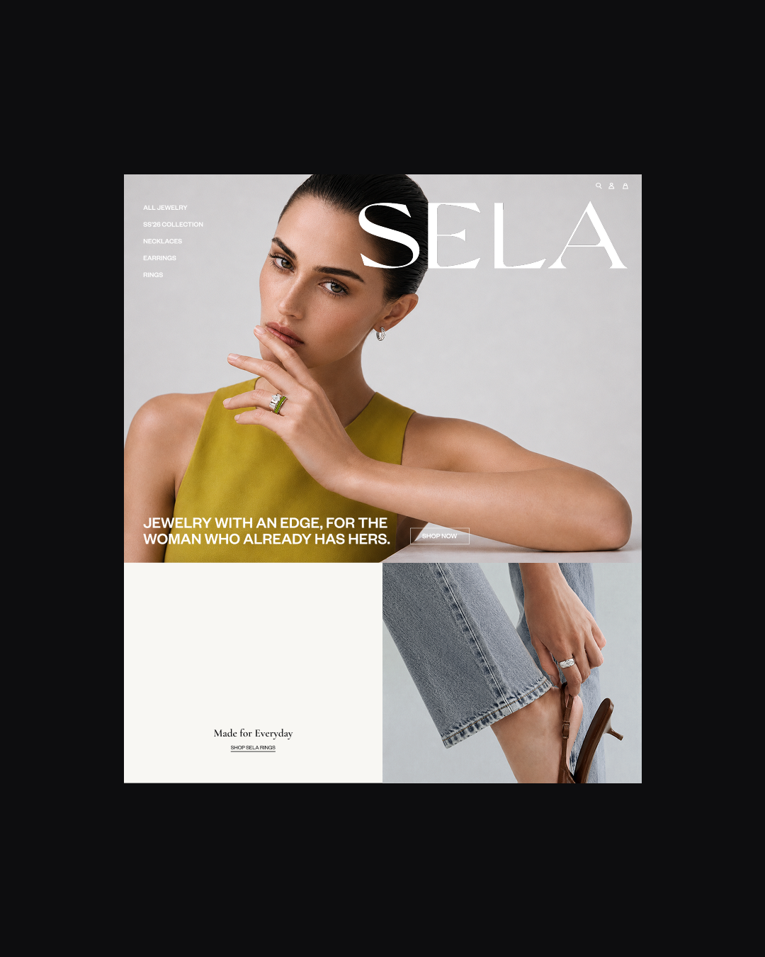 Fashion jewelry website design featuring a woman with dark hair, wearing a green sleeveless top and jewelry, with the SELA logo and brand messaging.