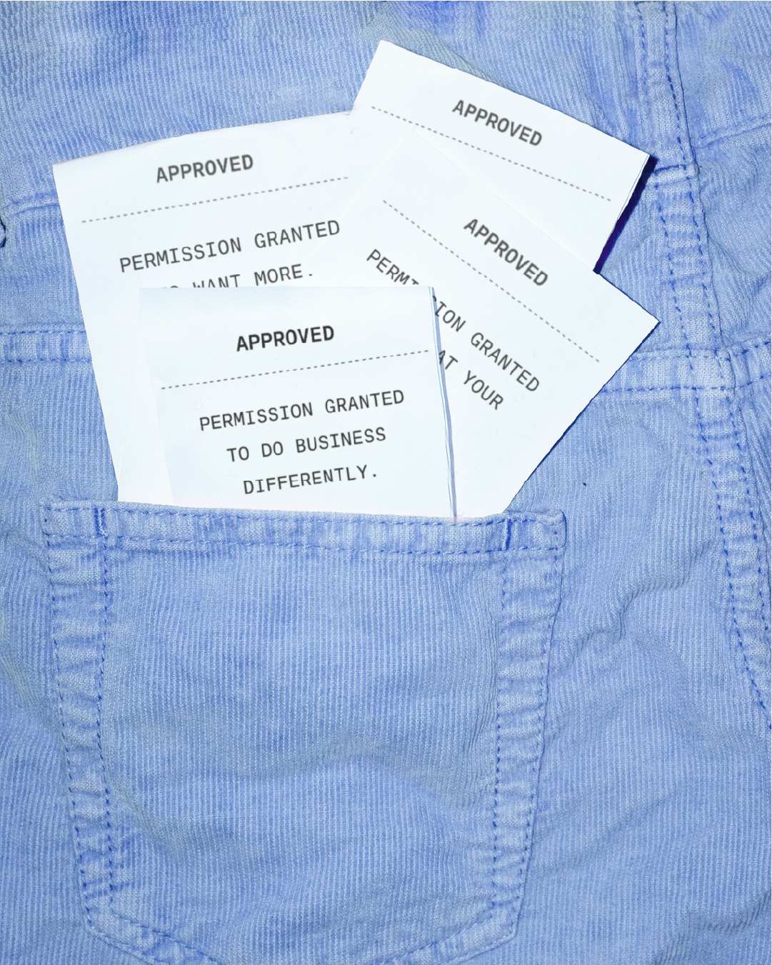 Three approval notices in a denim shirt pocket, with text about permission and approval for different actions.