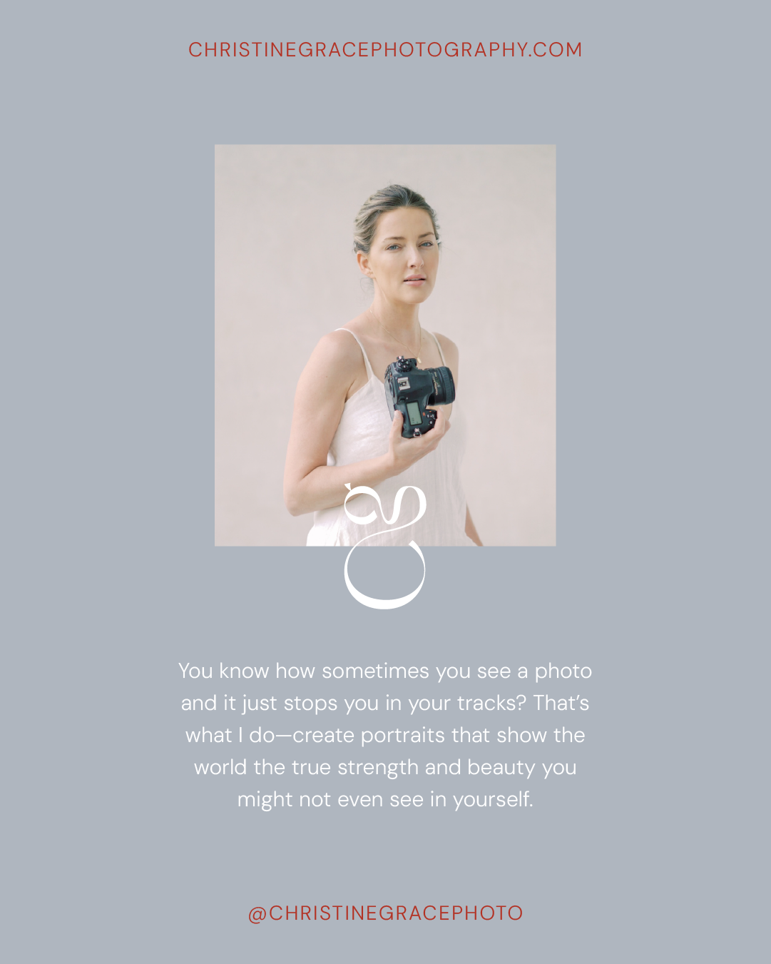 A woman holding a camera, wearing a white dress, with text about portrait photography and a website link.