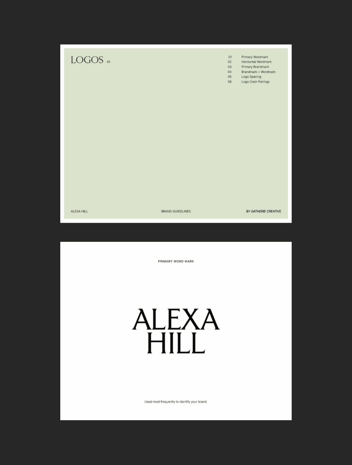 A slideshow of images from a brand guidelines deck for Alexa Hill Fine Jewelry by Gatherie Creative. The deck includes color guidelines, logo guidelines, typography guidelines, and suggested layout designs.