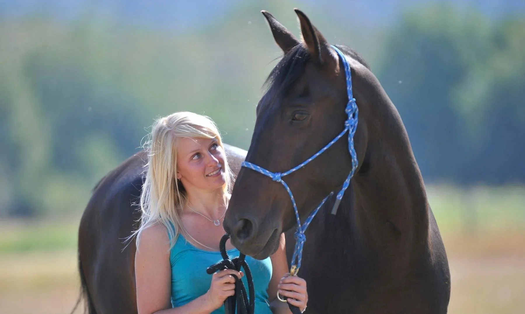 A woman with blonde hair and a blue tank top is standing next to a dark brown horse with a blue halter. They are outdoors with a blurred green background.