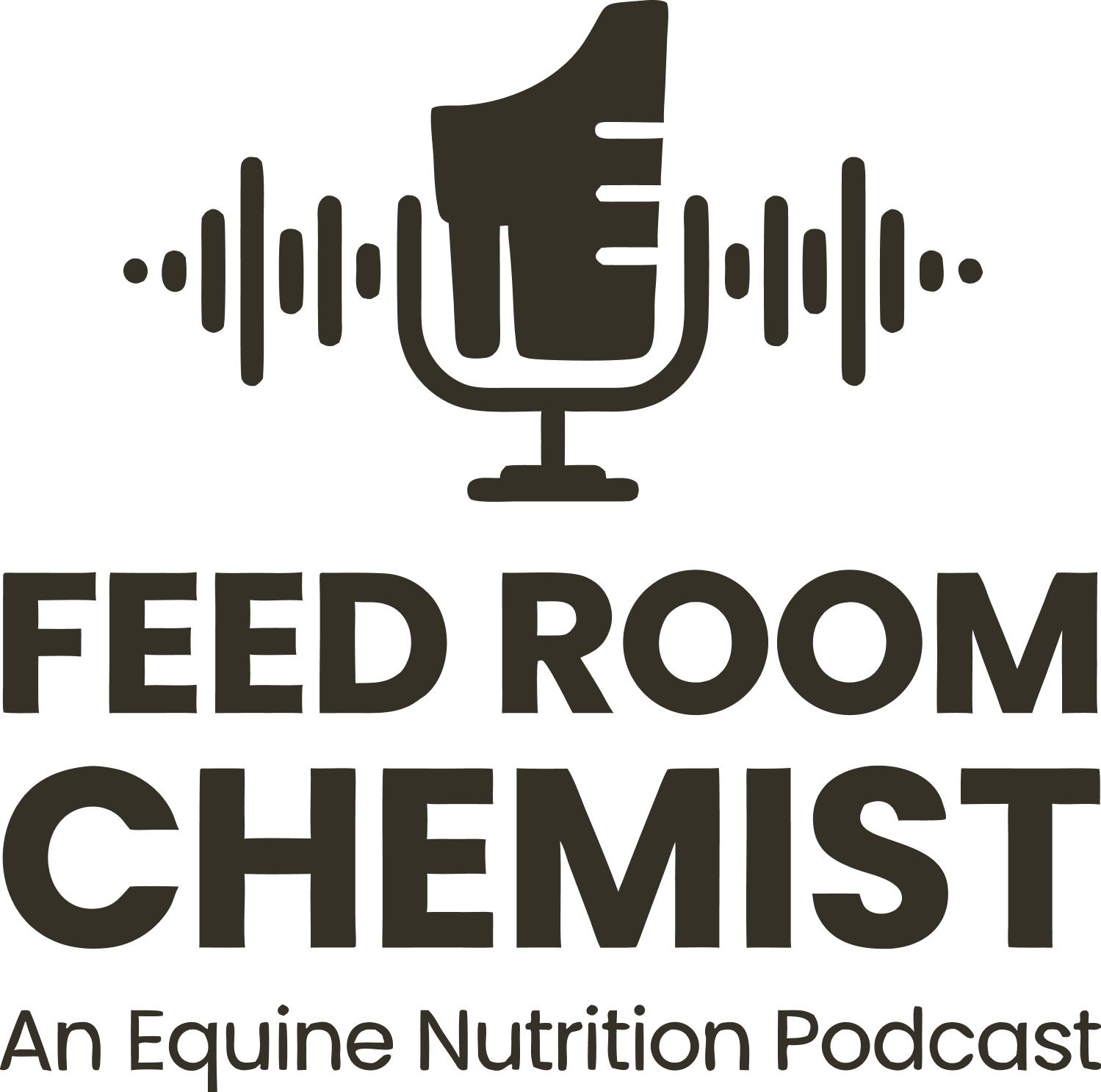 Podcast logo with a microphone and sound waves, with the text 'Feed Room Chemist' and 'An Equine Nutrition Podcast'.