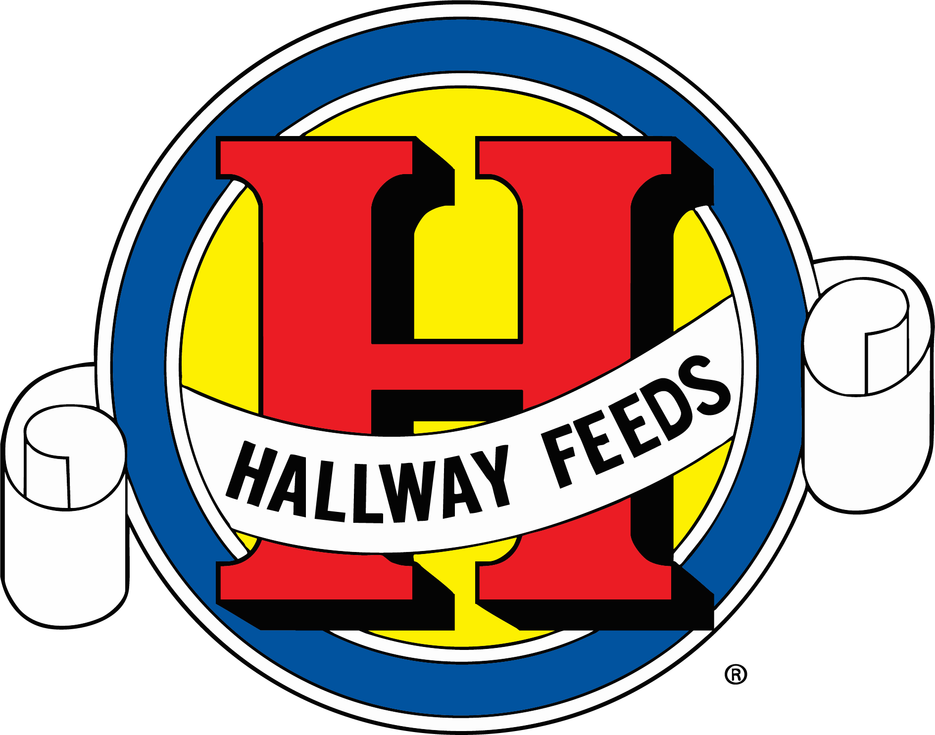Logo for Hallway Feeds featuring a red 'H', a blue circle, and the company's name.
