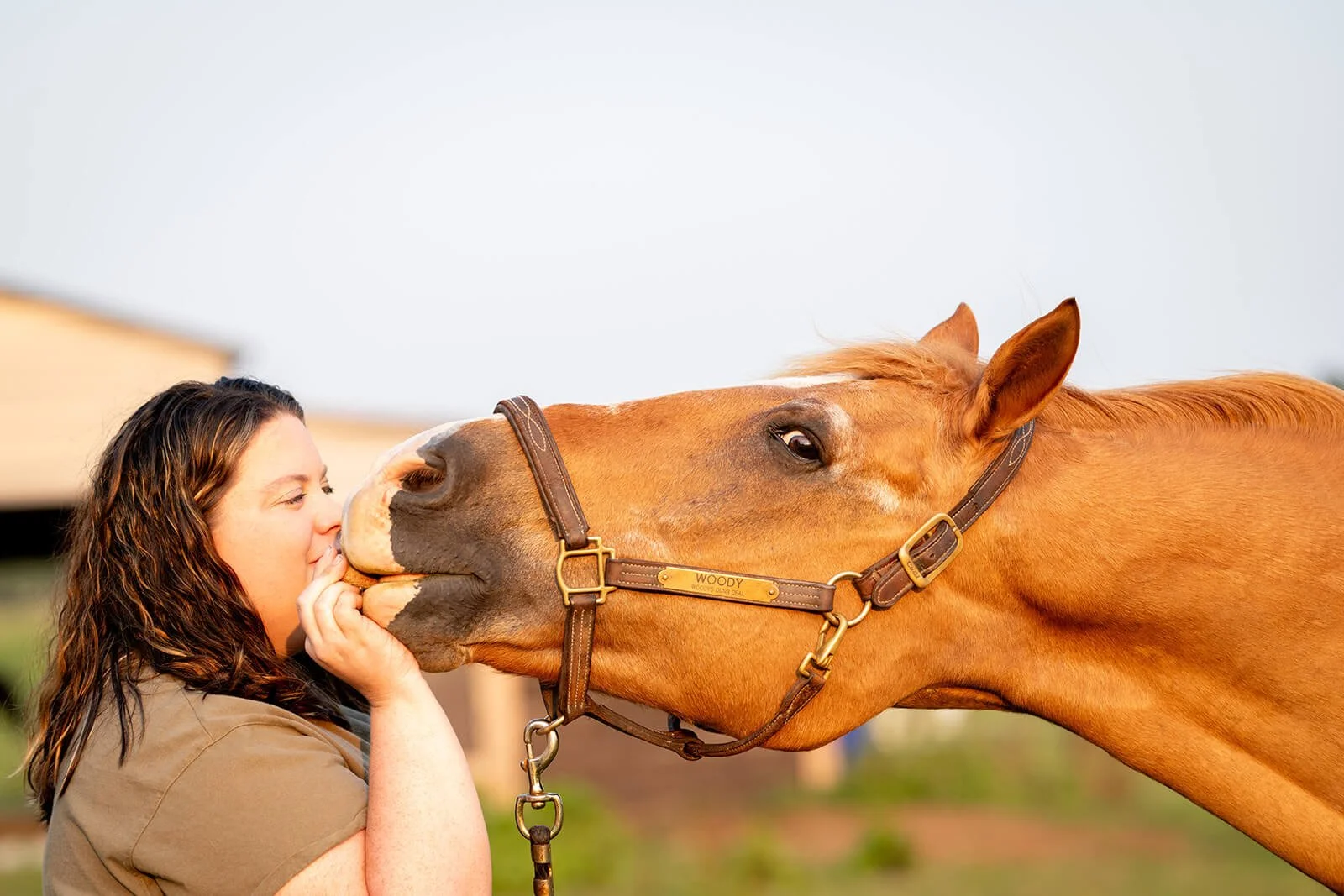 A woman with long curly hair kissing a brown horse on the nose outdoors.