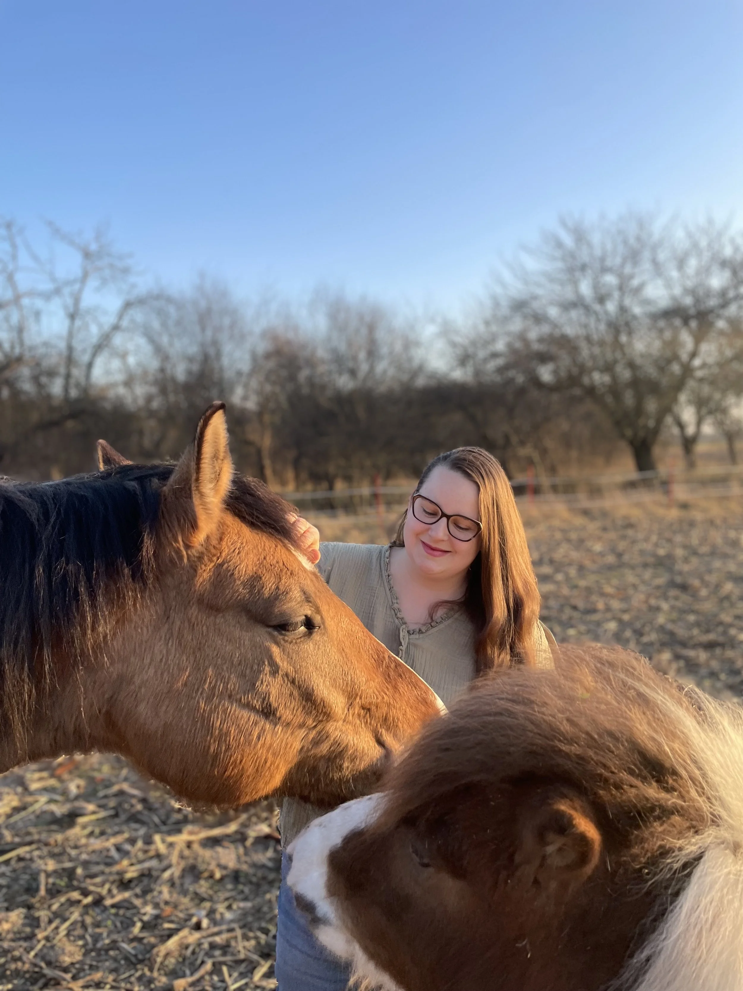 A woman with glasses petting a brown and white horse outdoors on a sunny day.