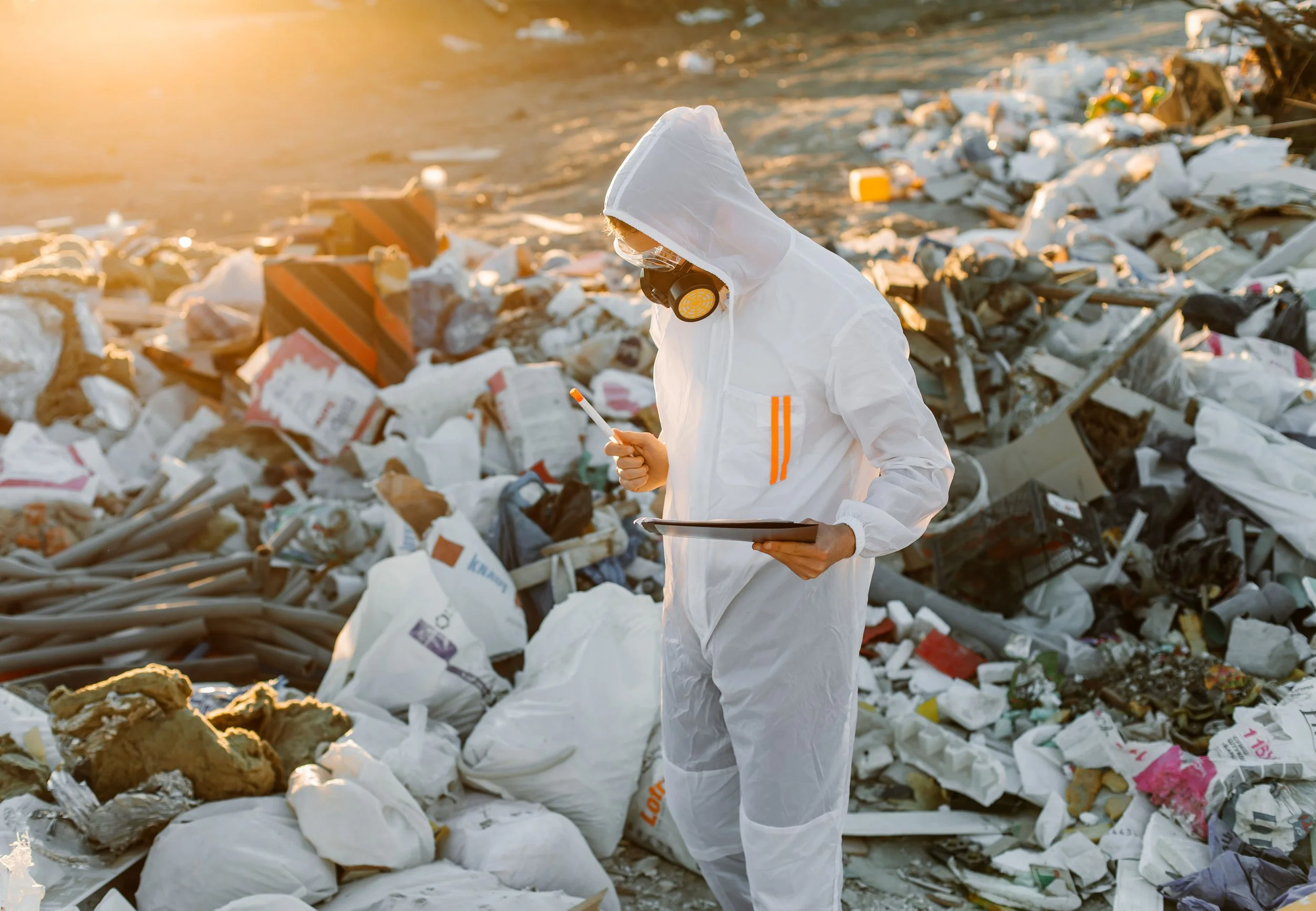 A person wearing a white hazmat suit and respirator inspects waste at a landfill while holding a sample container and tablet for environmental testing.