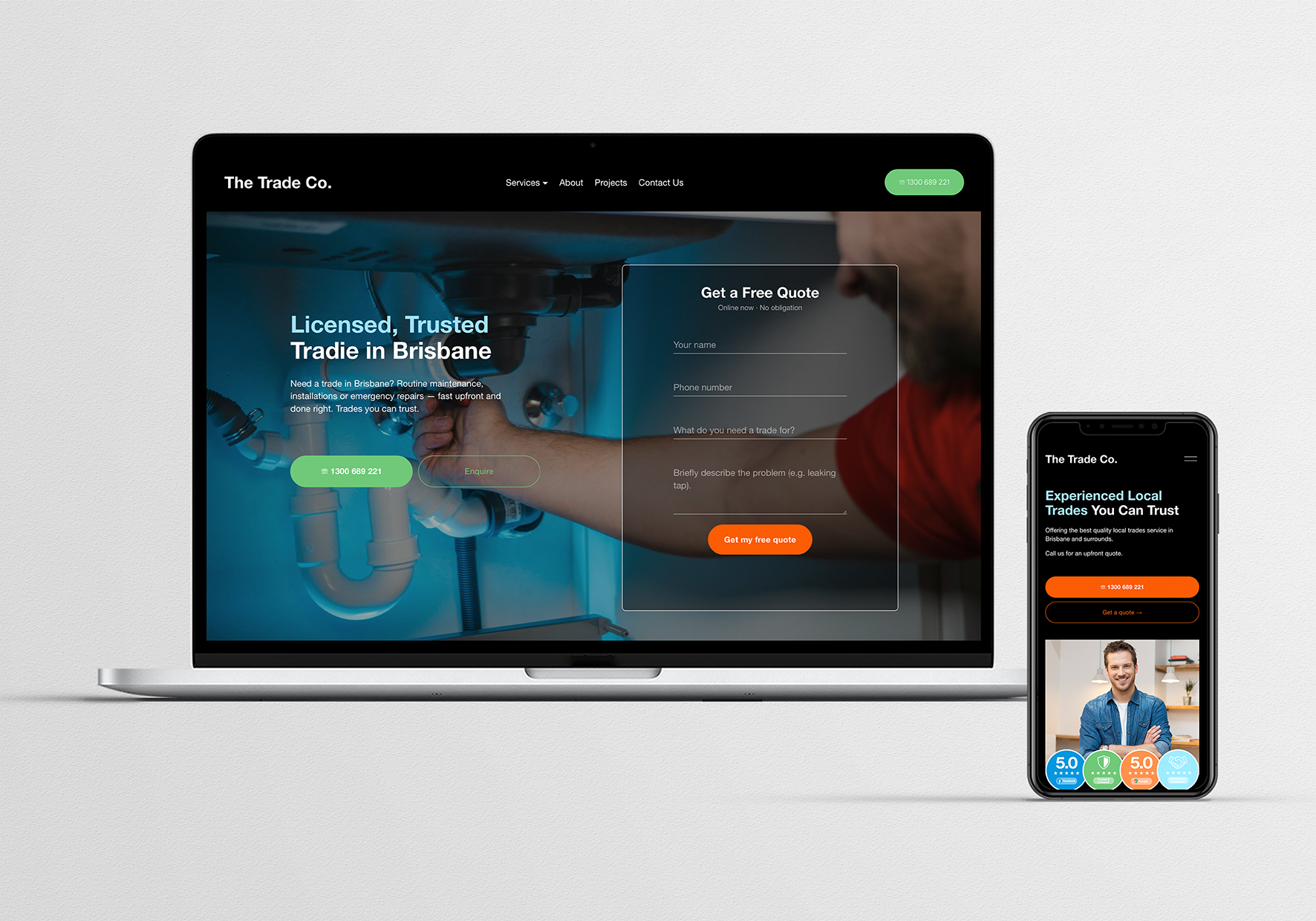 Structured website displayed on a laptop and a phone for trades, Signature Website by Siya Studio, featuring services for licensed trades, with a contact number, a form to request a quote, and a list of customer reviews with star ratings.