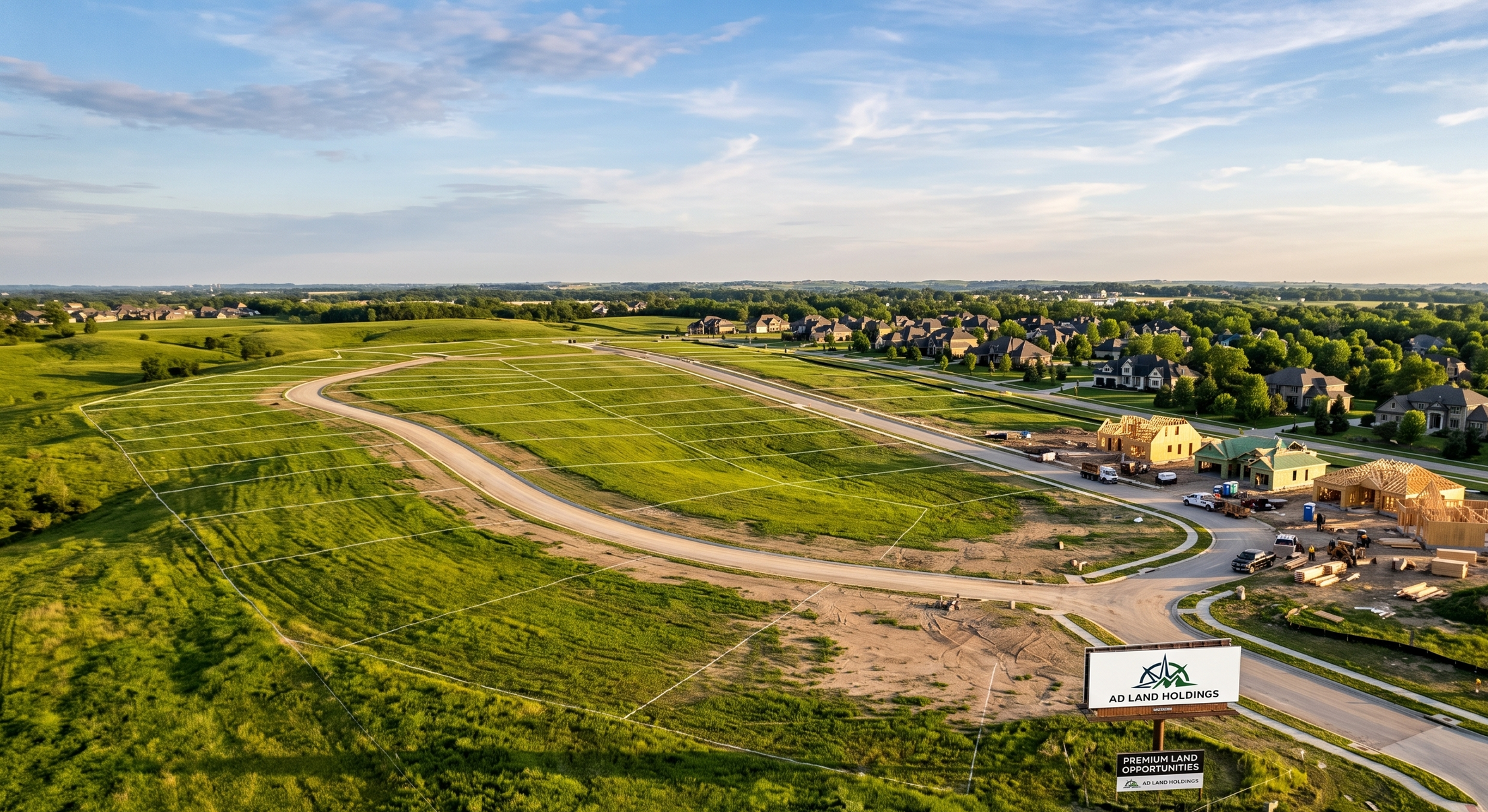 Aerial view of a suburban land development site during construction with houses, roads, and green fields.