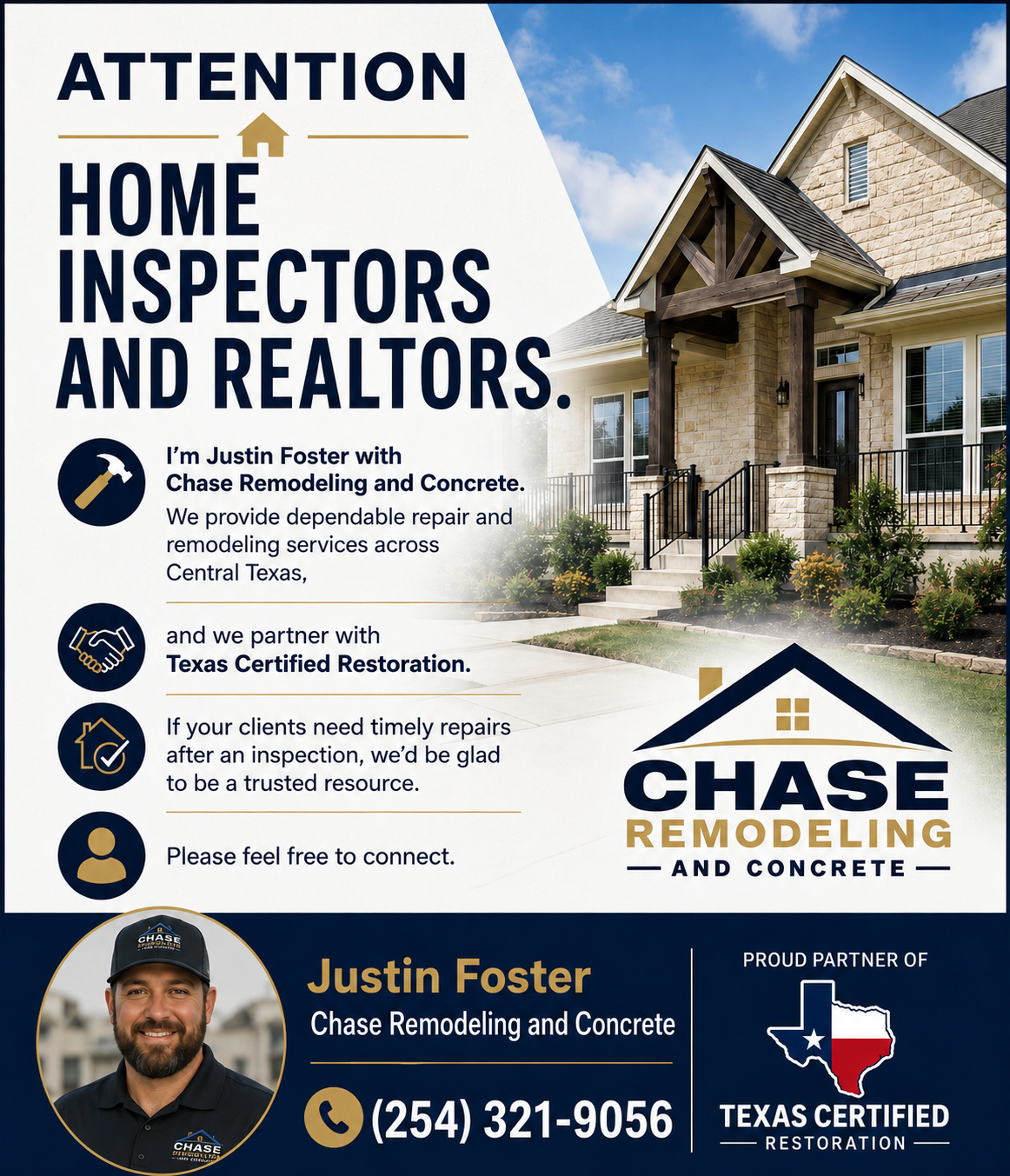 Promotional flyer for Chase Remodeling and Concrete featuring a photo of a house and a portrait of Justin Foster. The flyer provides contact information with a phone number, highlights partnership with Texas Certified Restoration, and emphasizes services in home repair, remodeling, and concrete work across Central Texas.
