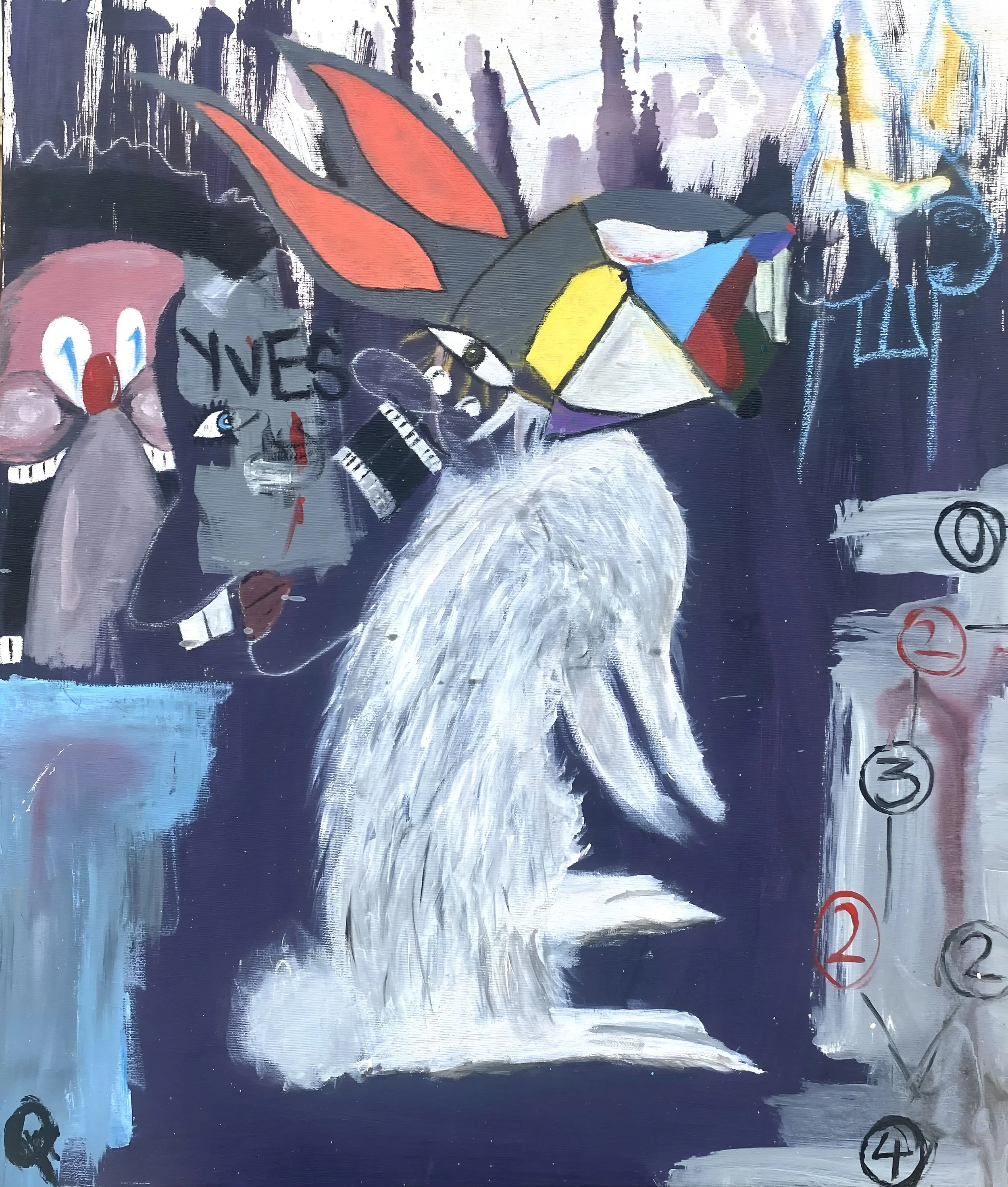 An abstract painting of a skull with vibrant colors and shapes, text reading 'INFEST' partly visible, and a Gothic church or cathedral in the background. The painting features rough brushstrokes and a dark color palette with some bright accents.