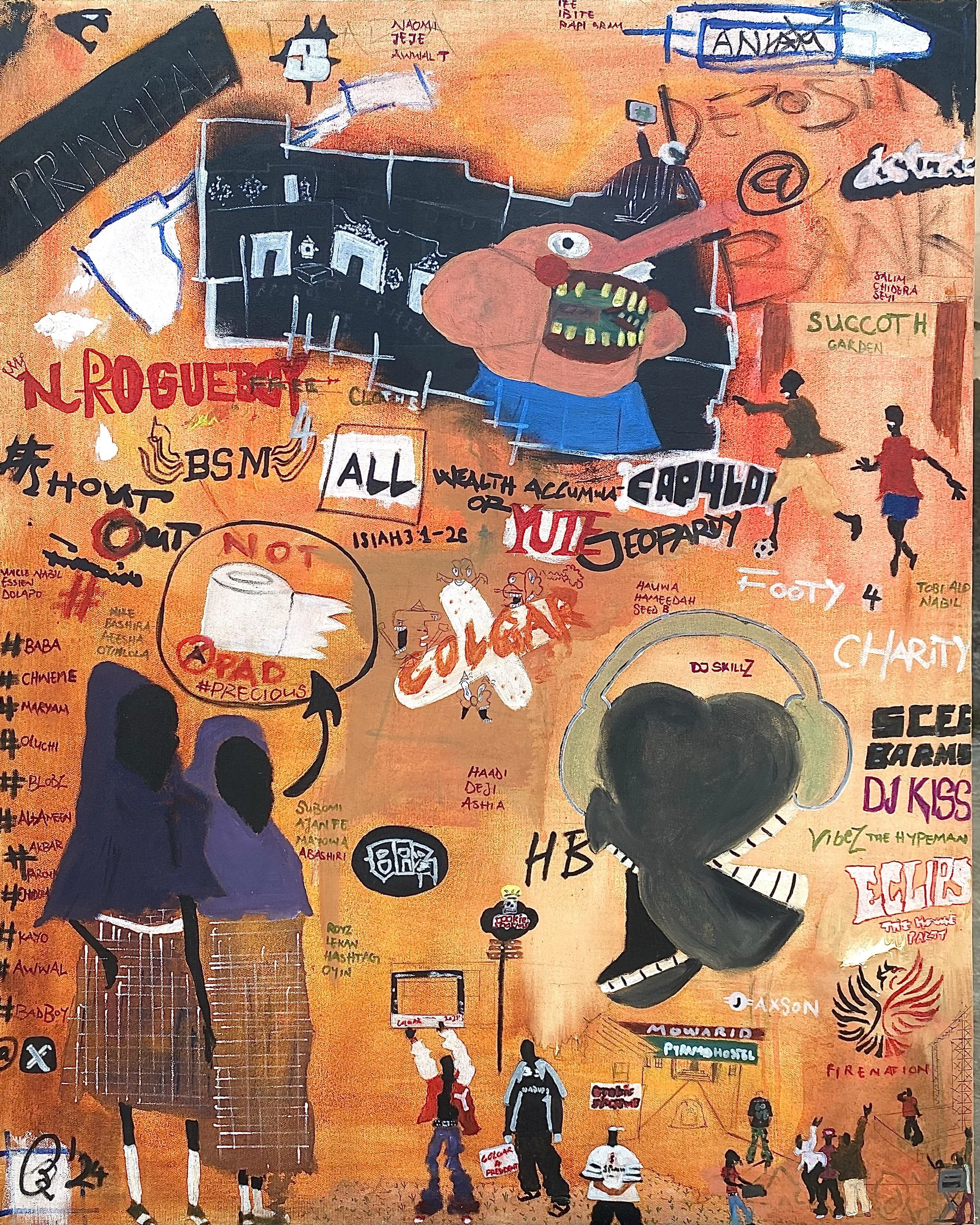 A colorful, cartoon-style illustration with various figures, symbols, and text related to social and political themes. Prominent elements include a large cartoon face, a skeleton, and smaller figures holding signs. The background is orange with scatt