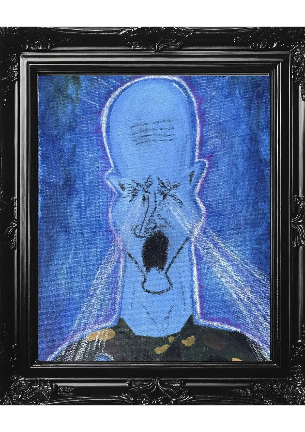 A modern painting of a blue faceless humanoid figure with minimalistic features outlined in white, set against a textured blue background with radiant light lines, framed in an ornate black frame.