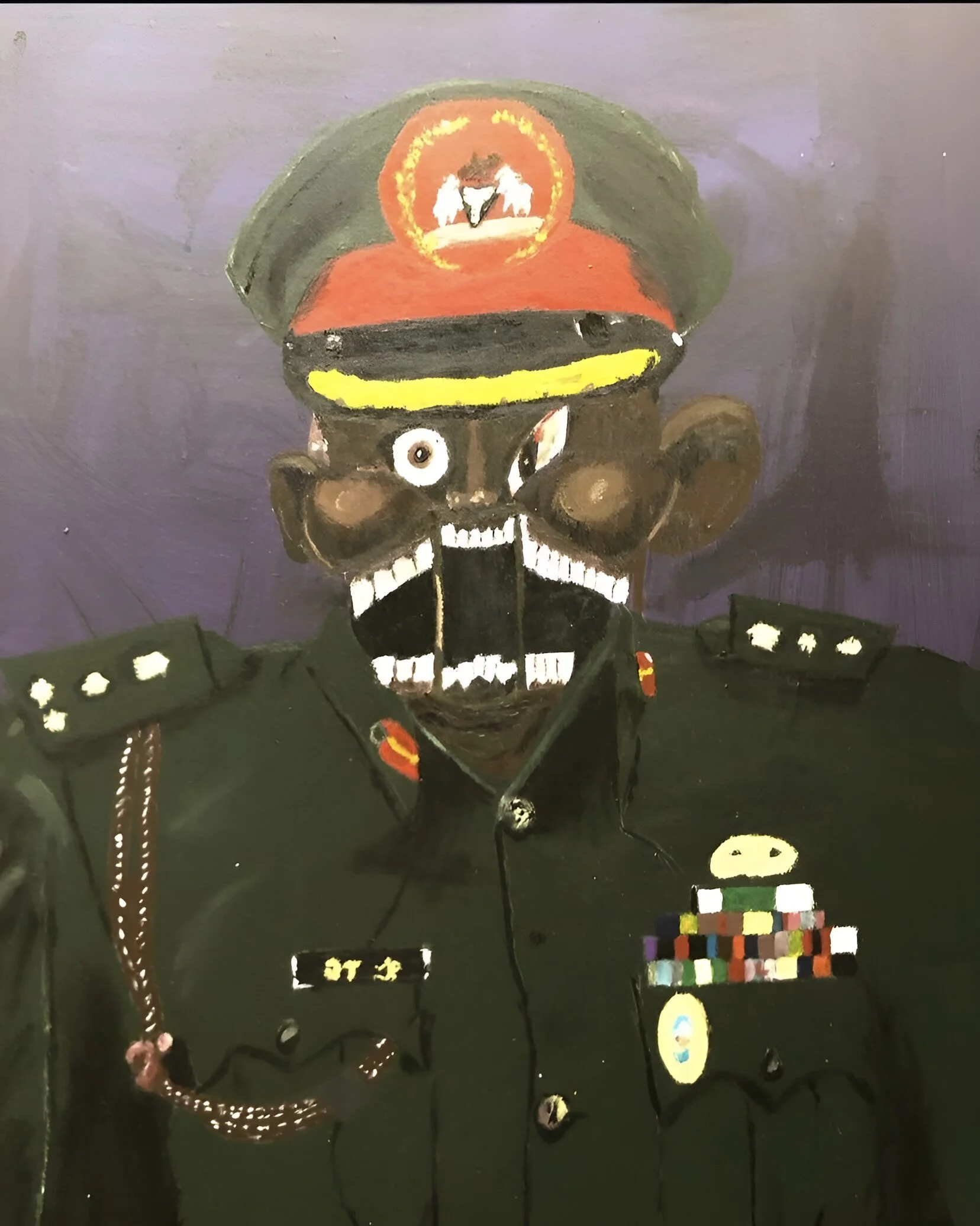 A painting of a soldier in a military uniform with a beret, displaying a serious expression, against a dark background. The painting has an artistic style with bright colors and visible brushstrokes.
