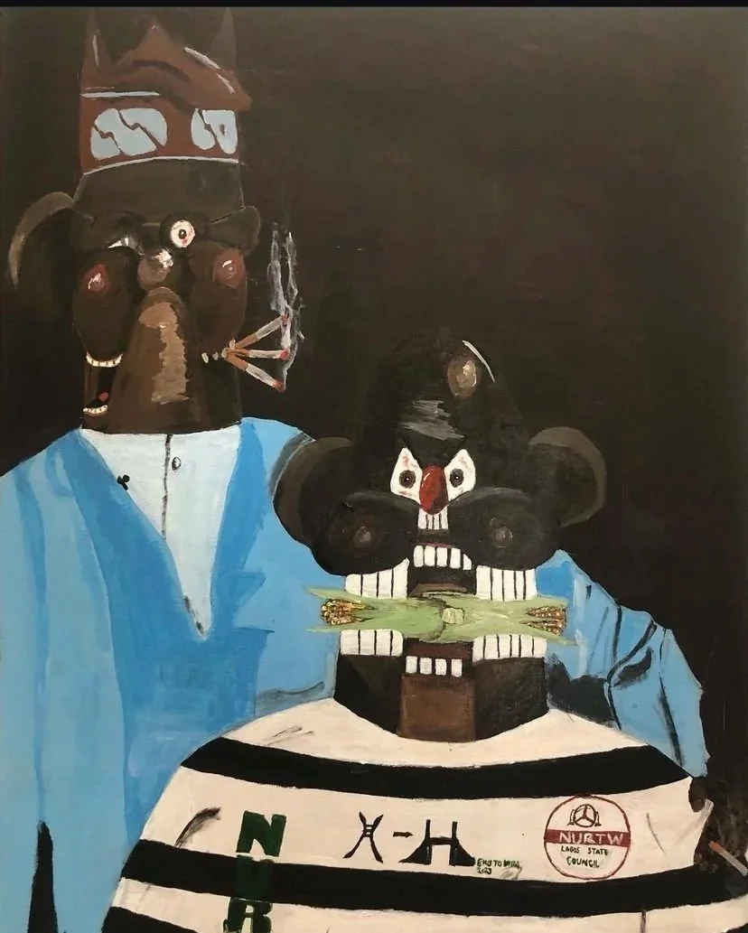 An abstract painting of two figures with exaggerated facial features and clothing, one holding a dollar bill. The painting uses dark colors with bright accents like blue and green.