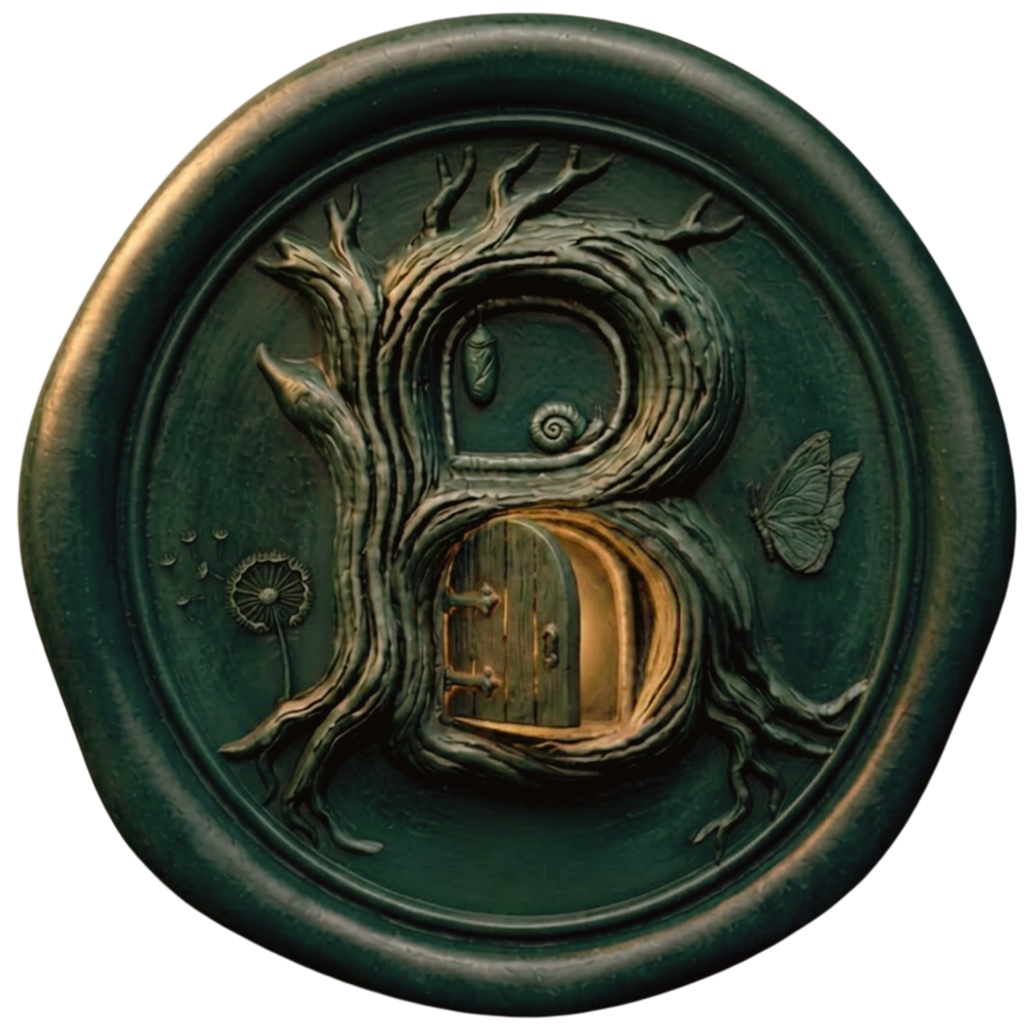 Close-up of a wax seal featuring a carved tree design, spiral patterns, and decorative elements with a glossy, dark green glaze.