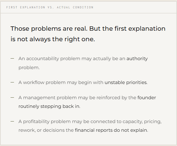 Examples showing why a company’s first explanation for a problem may differ from the actual operating condition creating it.