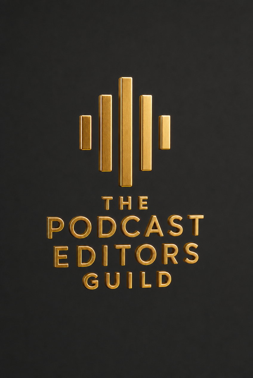 The logo of The Podcast Editors Guild, featuring gold vertical bars above the guild's name on a dark background.