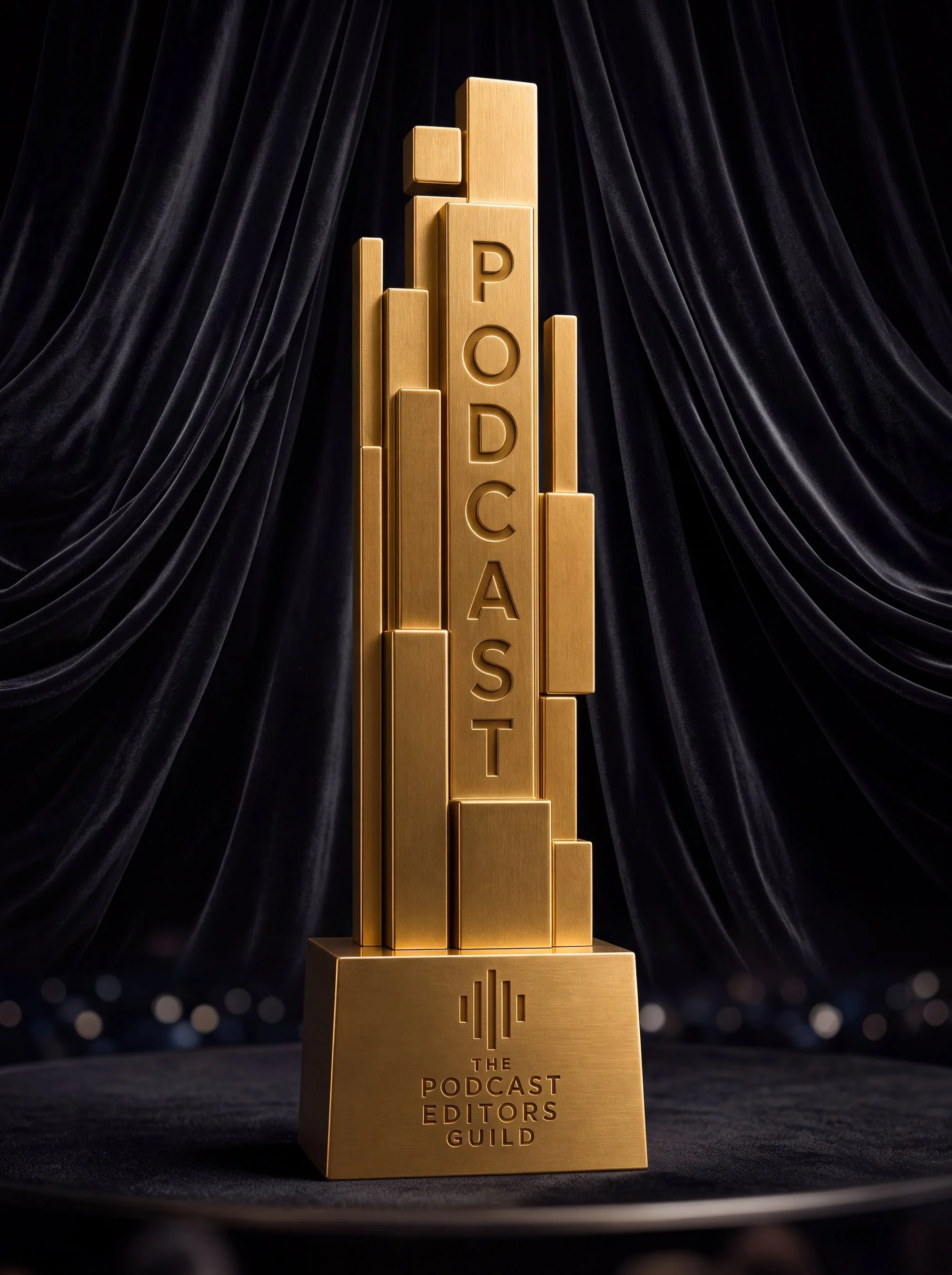 A gold trophy featuring a bar chart with the word 'PODCAST' arranged vertically in the center. The base of the trophy reads 'The Podcast Editors Guild' with a sound wave symbol.