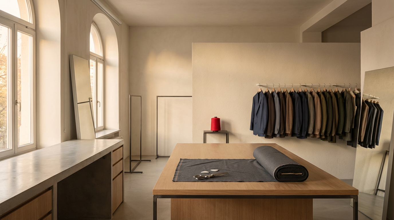 A tailor's workshop with a large work table, a roll of fabric, scissors, and a garment pressed on top. Racks of suits and jackets hang on the wall, with large windows letting in natural light.