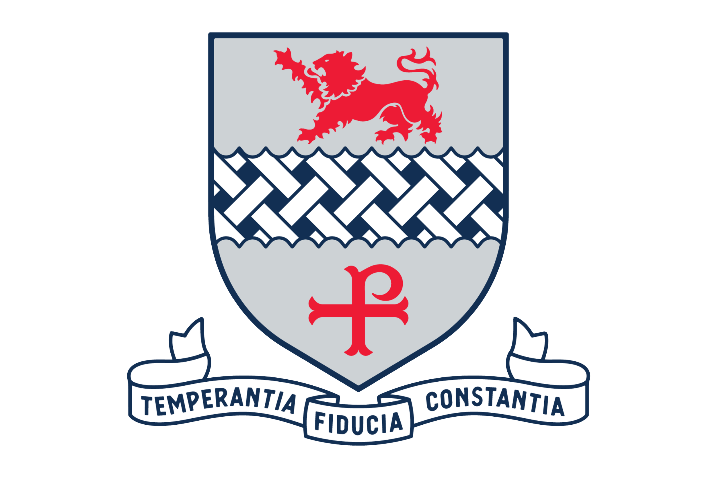 A heraldic shield featuring a red lion on a gray background with a perpendicular red cross. The shield is topped with a decorative helmet and surrounded by a scroll banner with Latin words: 'TEMPERANTIA', 'FIDUCIA', 'CONSTANTIA', and 'ELIDUCIA'.